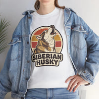 Siberian Husky Retro Sunset T-Shirt - Heavy Cotton Classic Fit Tee - Unisex White