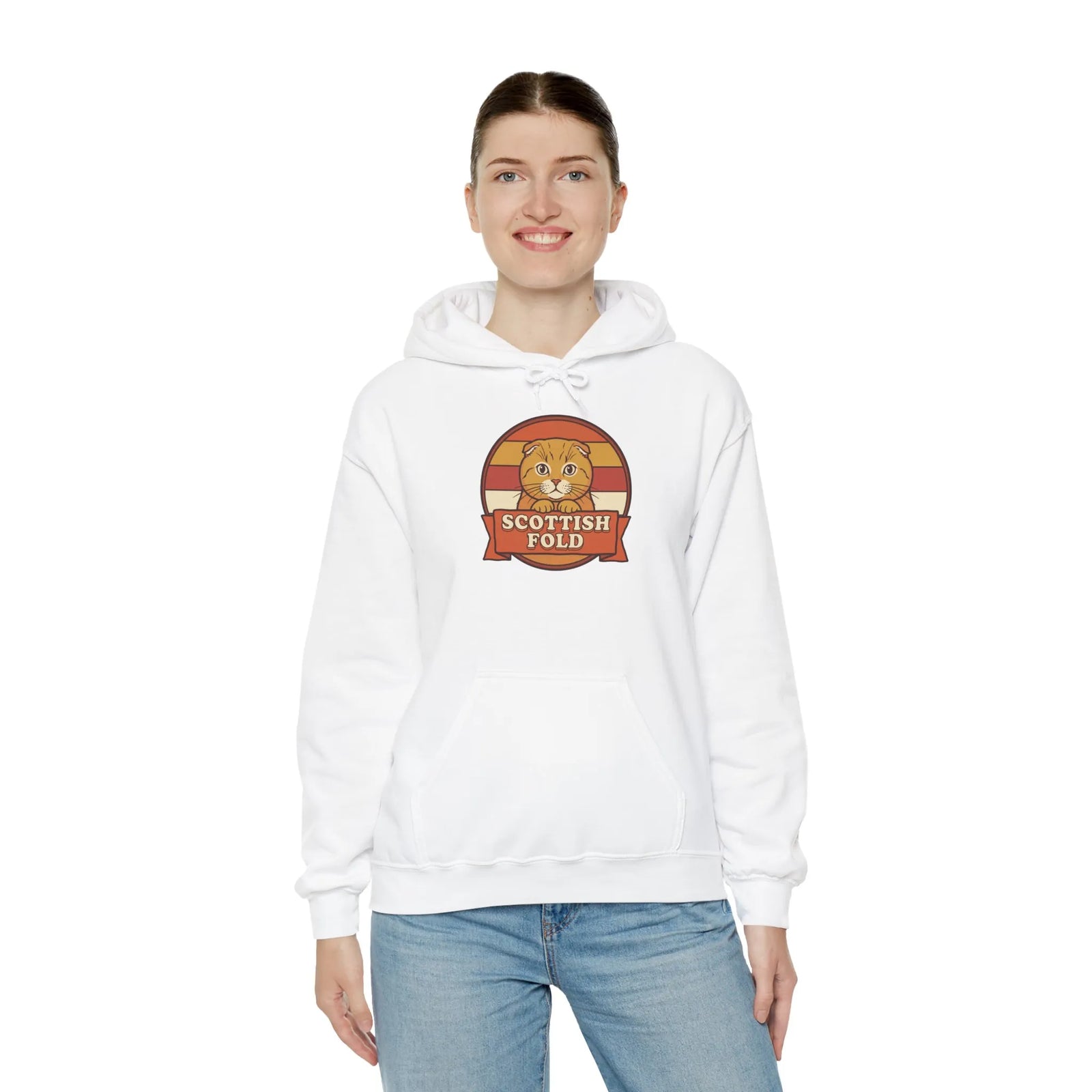 Scottish Fold Retro Sunset Hoodie - Heavy Blend Cotton-Poly Pullover - Unisex White
