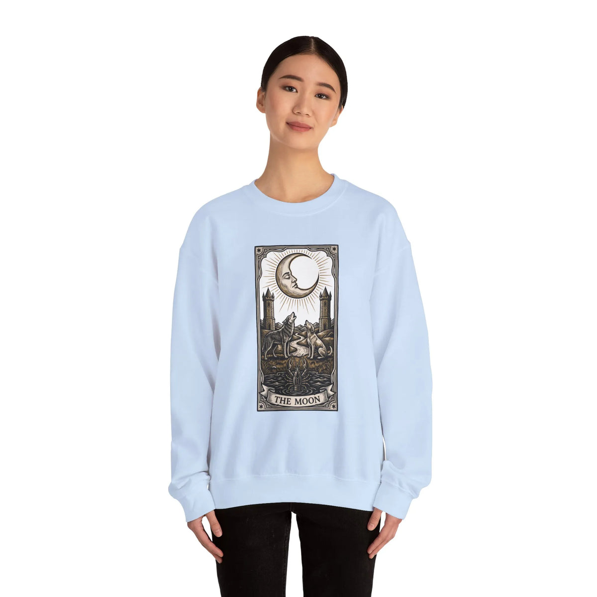 Moon Tarot Card Wolves Graphic Sweatshirt - Heavy Blend Fleece Crewneck - Unisex White