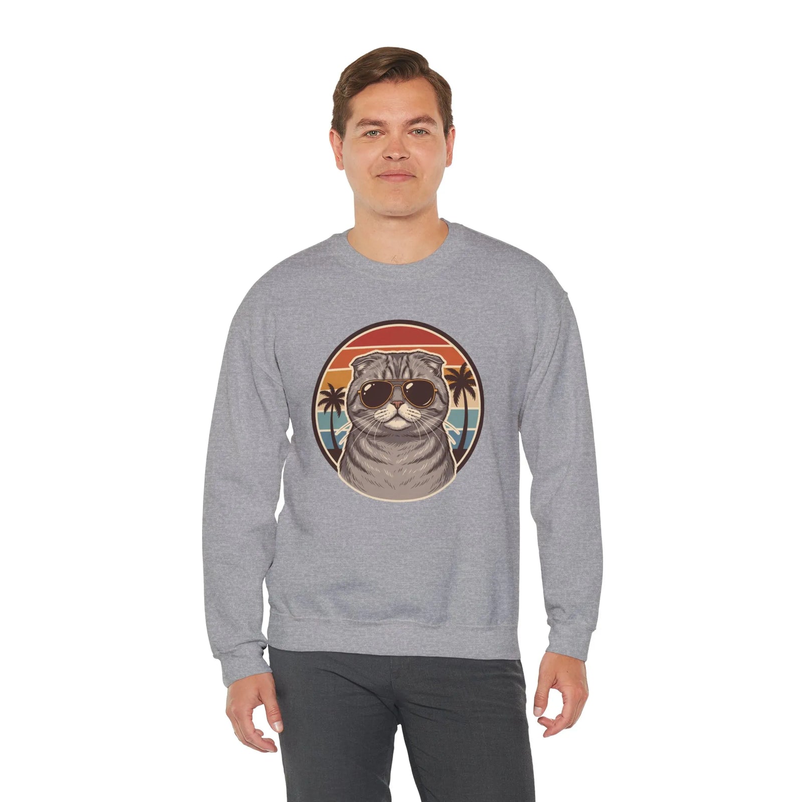 Scottish Fold Cat 70s Sunset Sweatshirt - Heavy Blend Fleece Crewneck - Unisex Ash