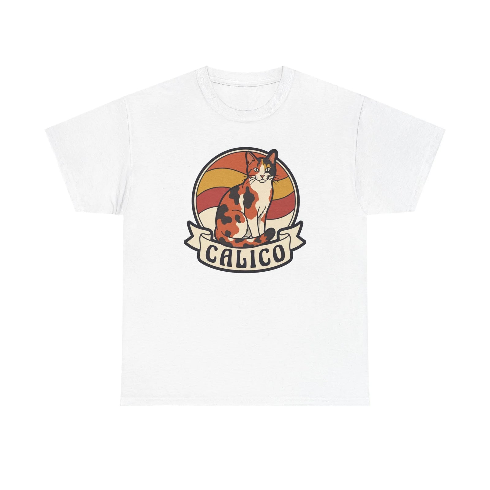 Calico Cat Retro Sunset Graphic T-Shirt - Heavyweight Classic Fit Tee - Unisex White