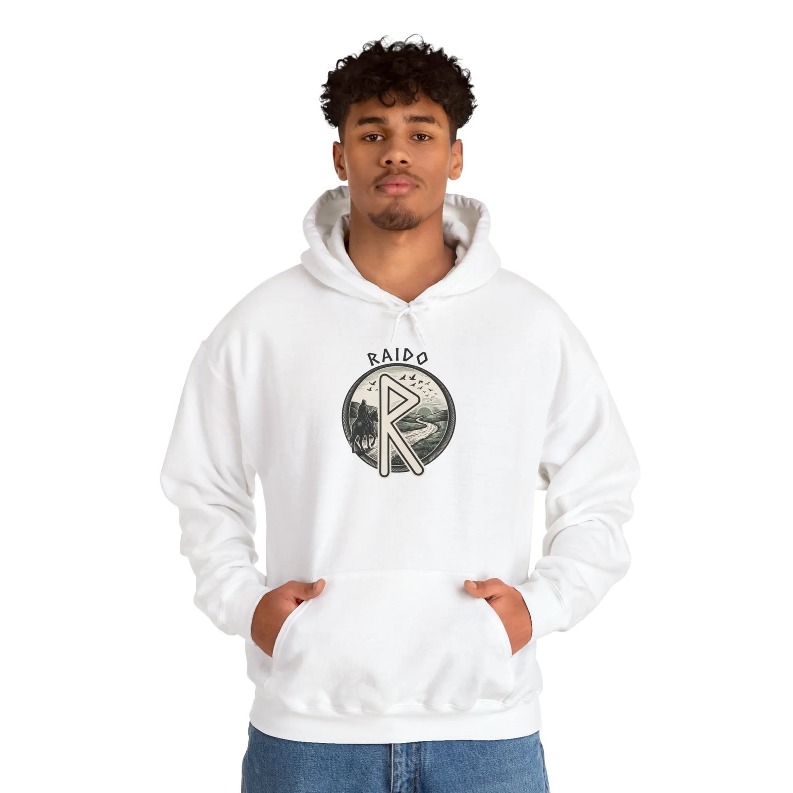 Raido Rune Journey Symbol Hoodie - Soft Cotton Blend Pullover - Unisex White