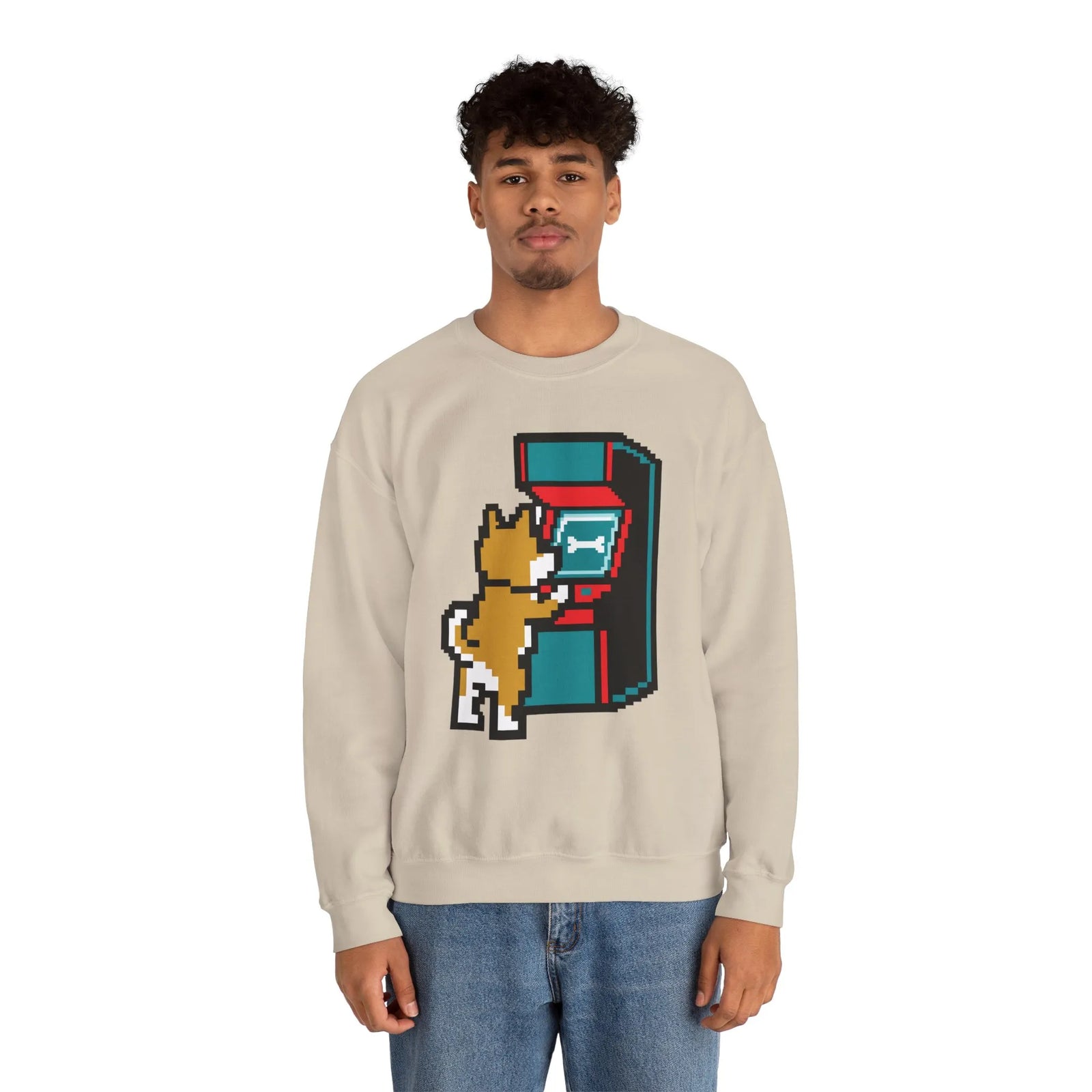 8-Bit Pixel Gaming Dog Sweatshirt - Classic Fit Fleece Crewneck - Unisex White