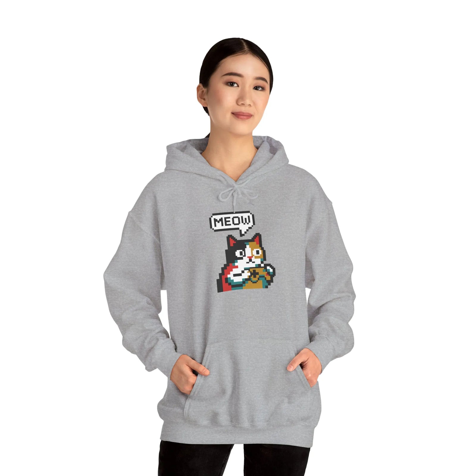 Player One 8-Bit Pixel Gaming Cats Hoodie - Soft Cotton Blend Fleece Pullover - Unisex White