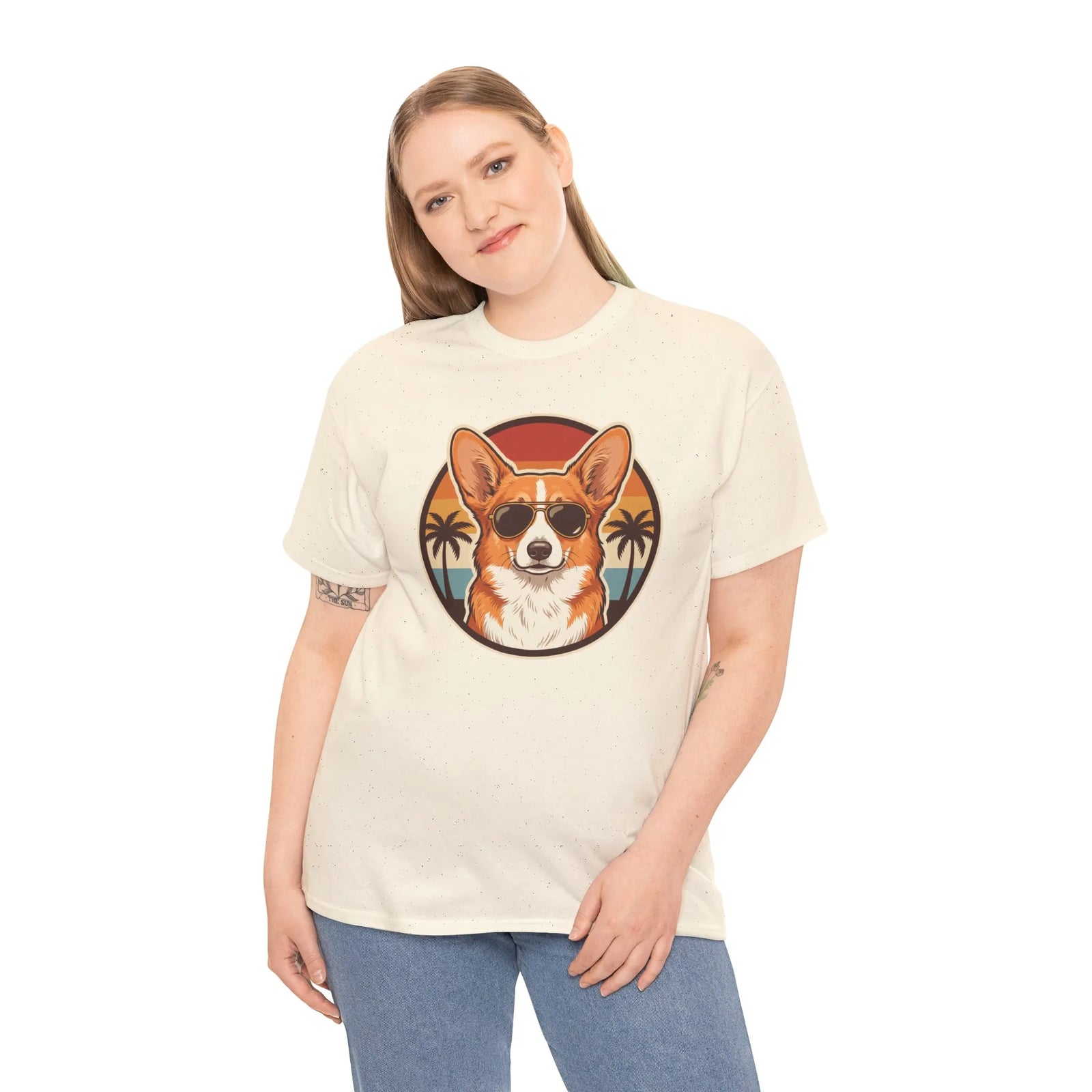 Cool Corgi Aviator Sunset T-Shirt - Heavy Cotton Classic Fit Tee - Unisex White