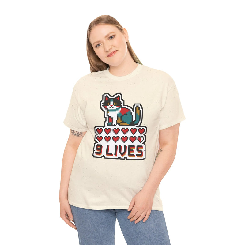 Nine Lives 8-Bit Pixel Gaming Cat T-Shirt - Heavy Cotton Classic Fit - Unisex White