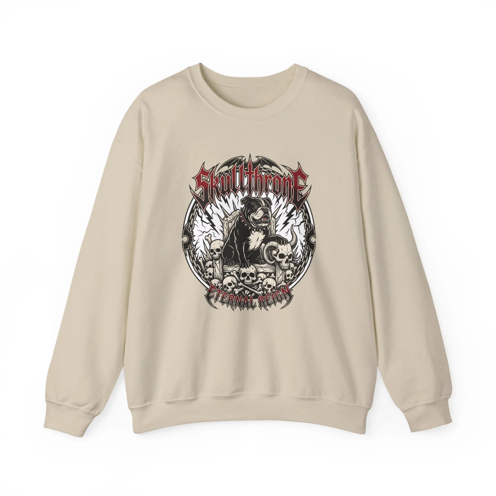 Skull Throne Heavy Metal Rocker Dogs Sweatshirt - Heavy Blend Cotton Poly Crewneck - Unisex White