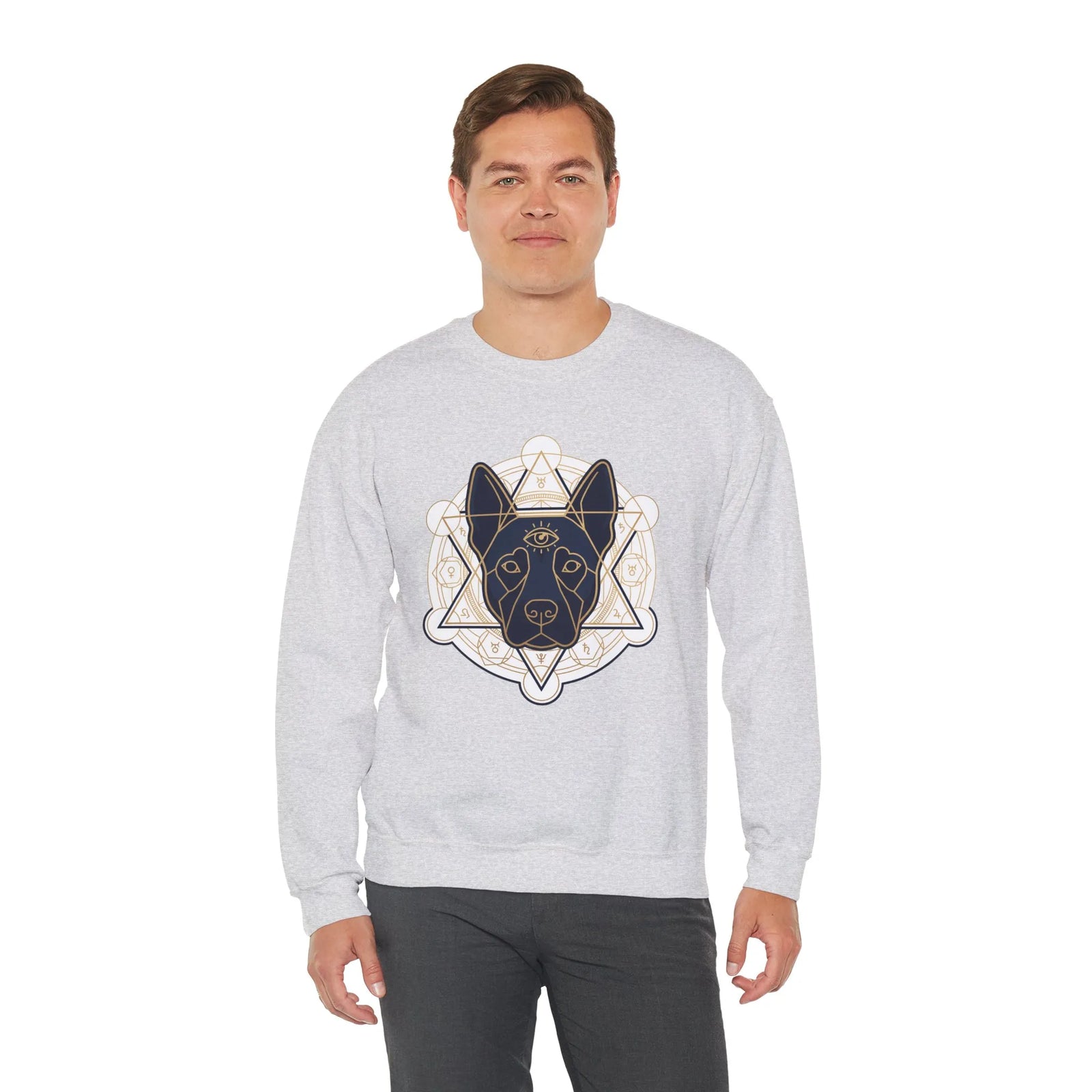 Third Eye Sacred Geometry Spirit Dog Sweatshirt - Heavy Blend Cotton Polyester Crewneck - Unisex White
