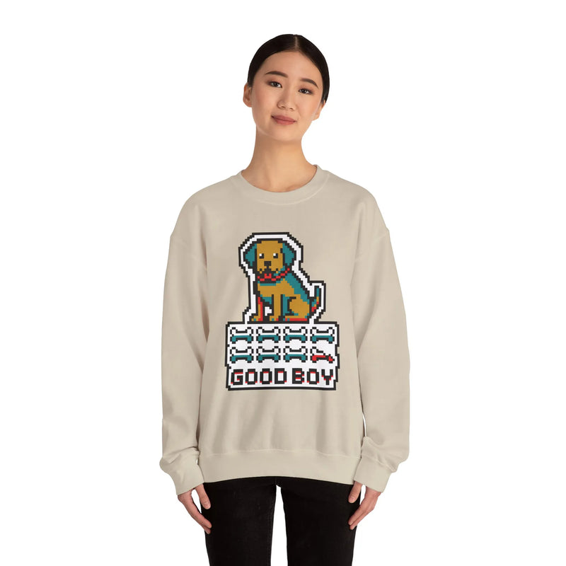 Good Boy 8-Bit Pixel Dogs Sweatshirt - Heavyweight Cotton Blend Crewneck - Unisex White