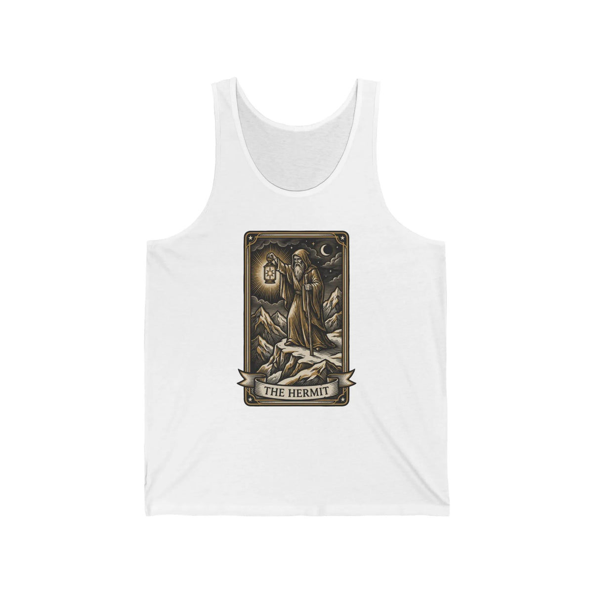 Hermit Tarot Card Graphic Tank Top - Lightweight Ringspun Cotton Retail Fit - Unisex White