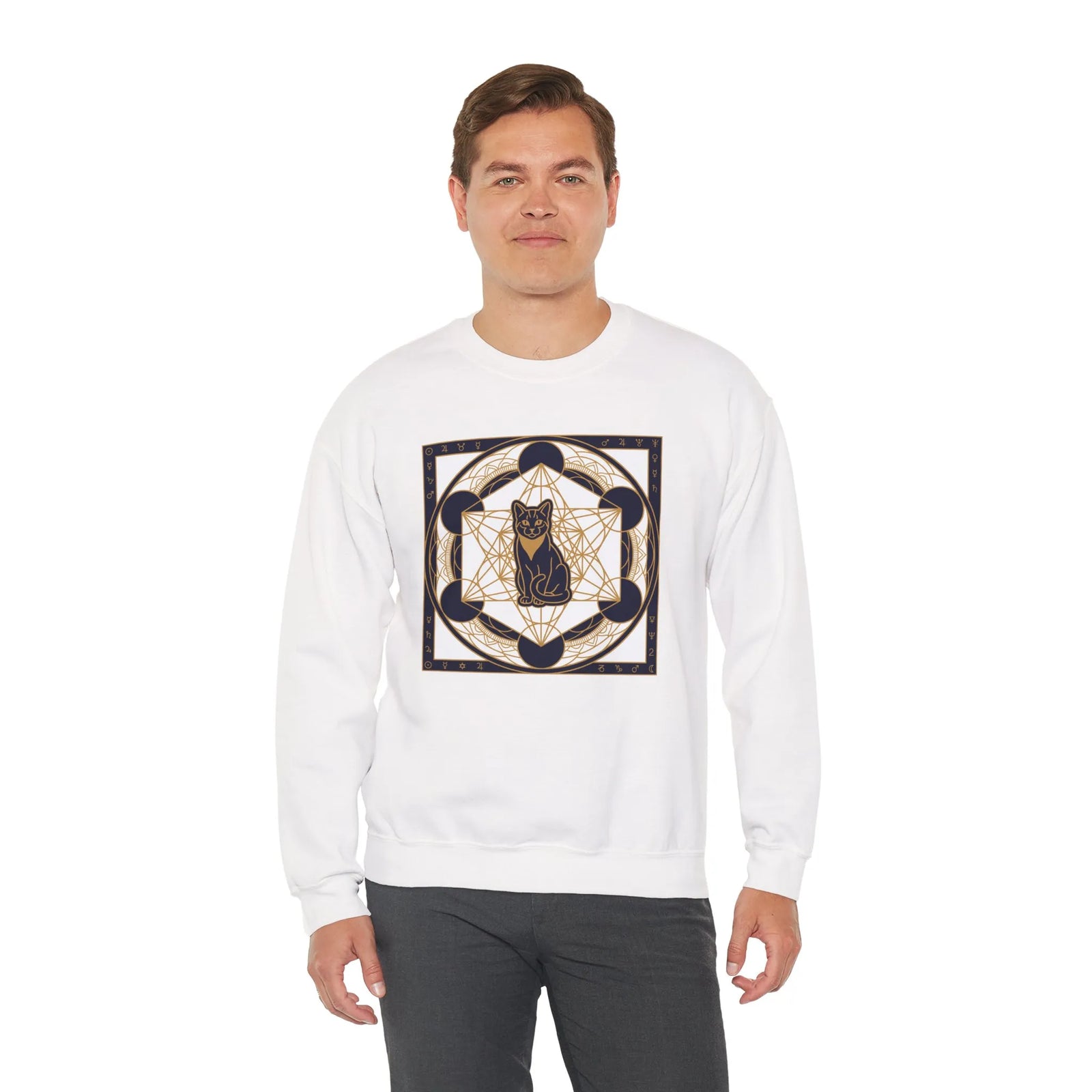 Metatron's Cat Sacred Geometry Sweatshirt - Heavy Blend Fleece Crewneck - Unisex White