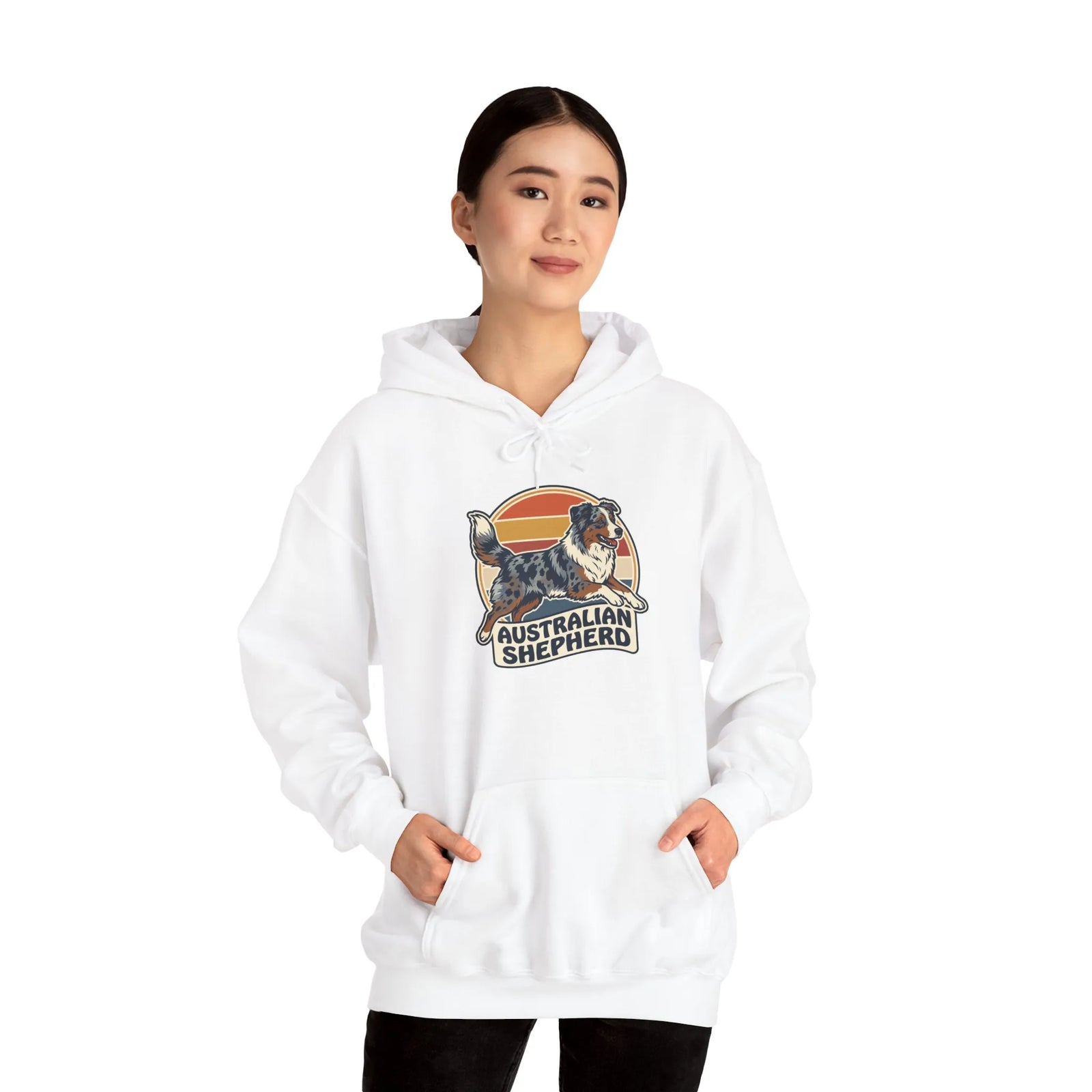 Australian Shepherd Retro 70s Sunset Hoodie - Heavy Blend Fleece Pullover - Unisex White