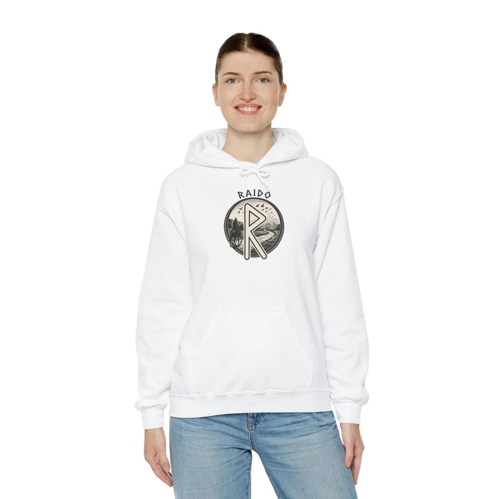 Raido Rune Journey Symbol Hoodie - Soft Cotton Blend Pullover - Unisex White
