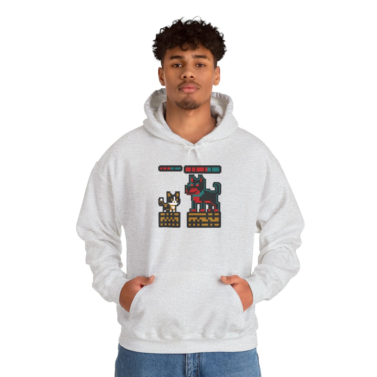 Boss Fight 8-Bit Pixel Gaming Cats Hoodie - Heavy Blend Fleece Pullover - Unisex White