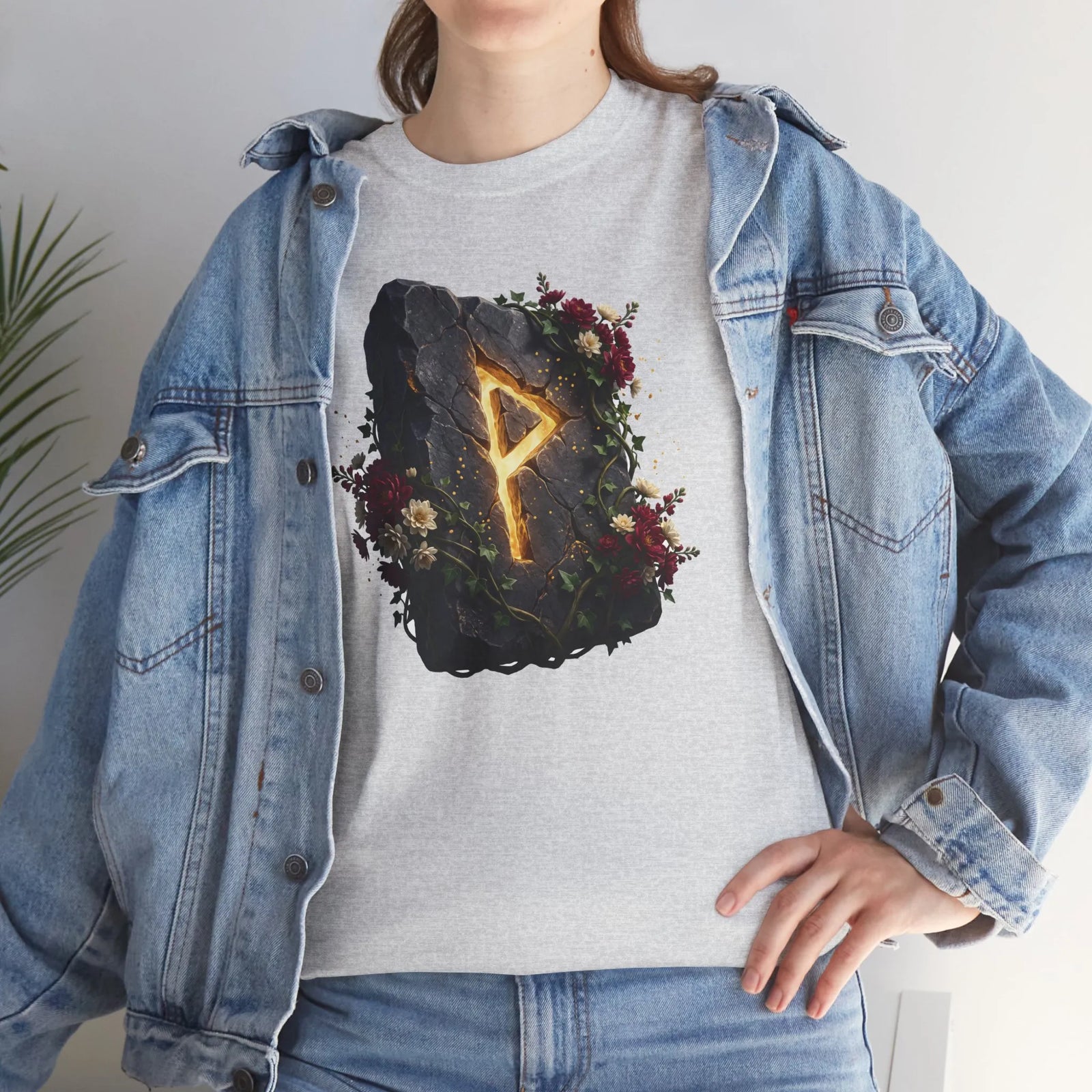 Wunjo Rune Floral T-Shirt - Heavy Cotton Classic Fit Tee - Unisex White
