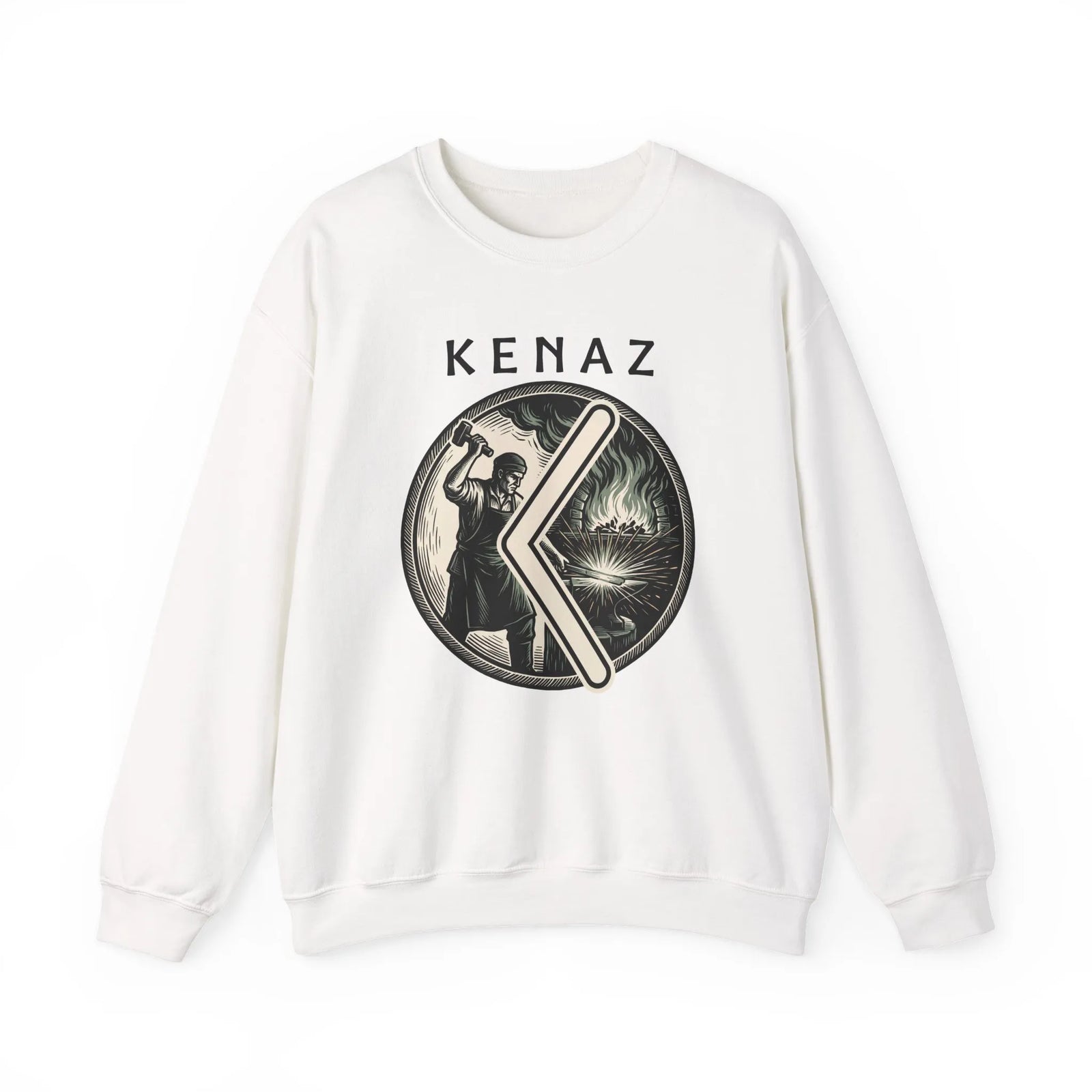 Kenaz Rune Blacksmith Forge Sweatshirt - Soft Cotton Blend Crewneck Fleece - Unisex White
