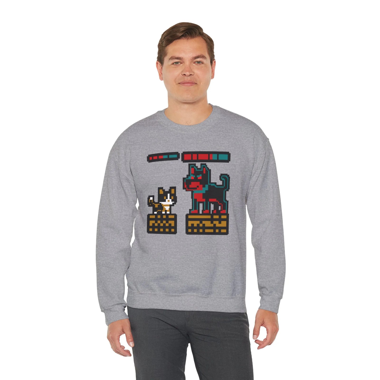 8-Bit Pixel Gaming Cats Boss Fight Sweatshirt - Heavyweight Cotton Blend Crewneck - Unisex Ash