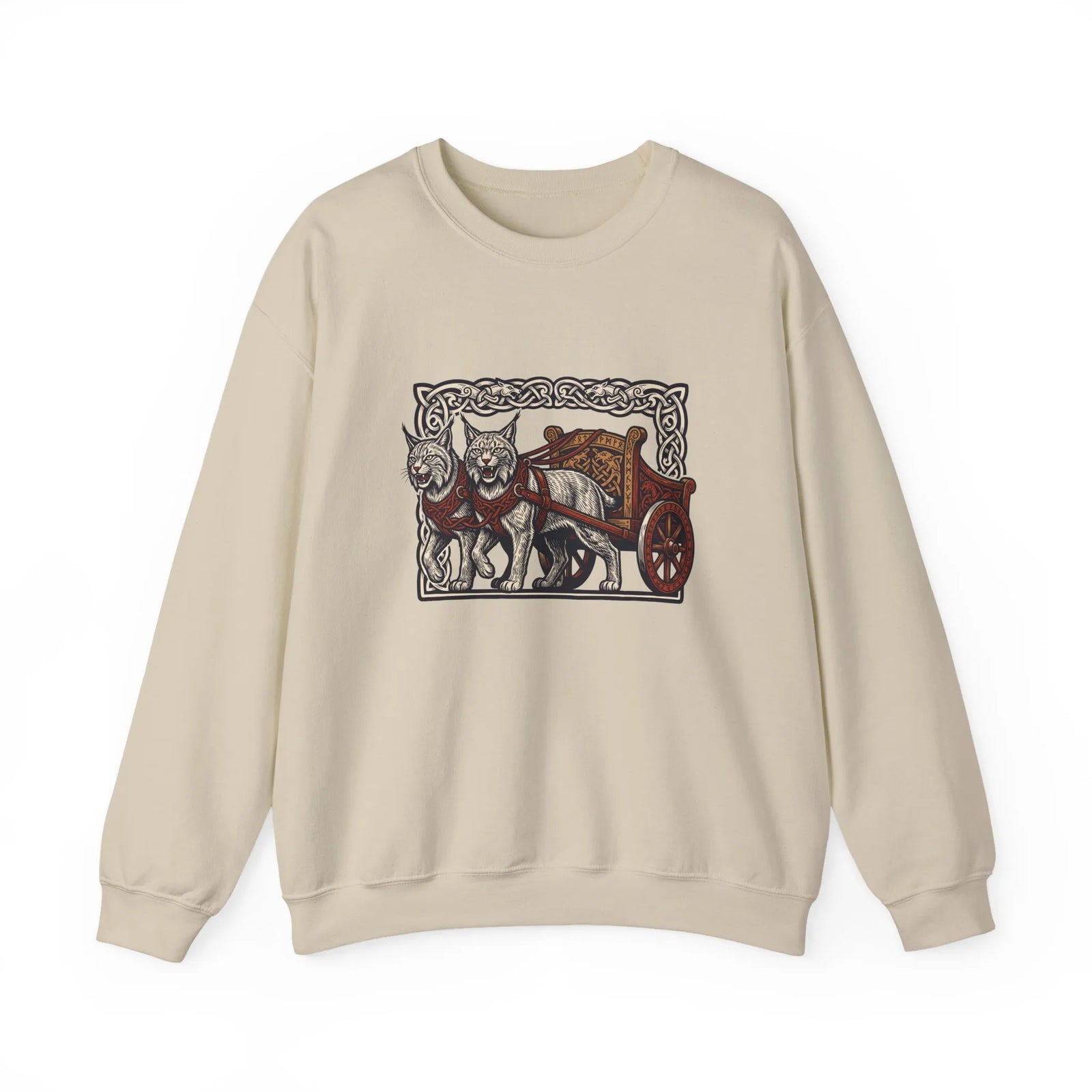 Freyja's Sacred Cats Norse Woodcut Sweatshirt - Heavy Blend Crewneck Fleece - Unisex White