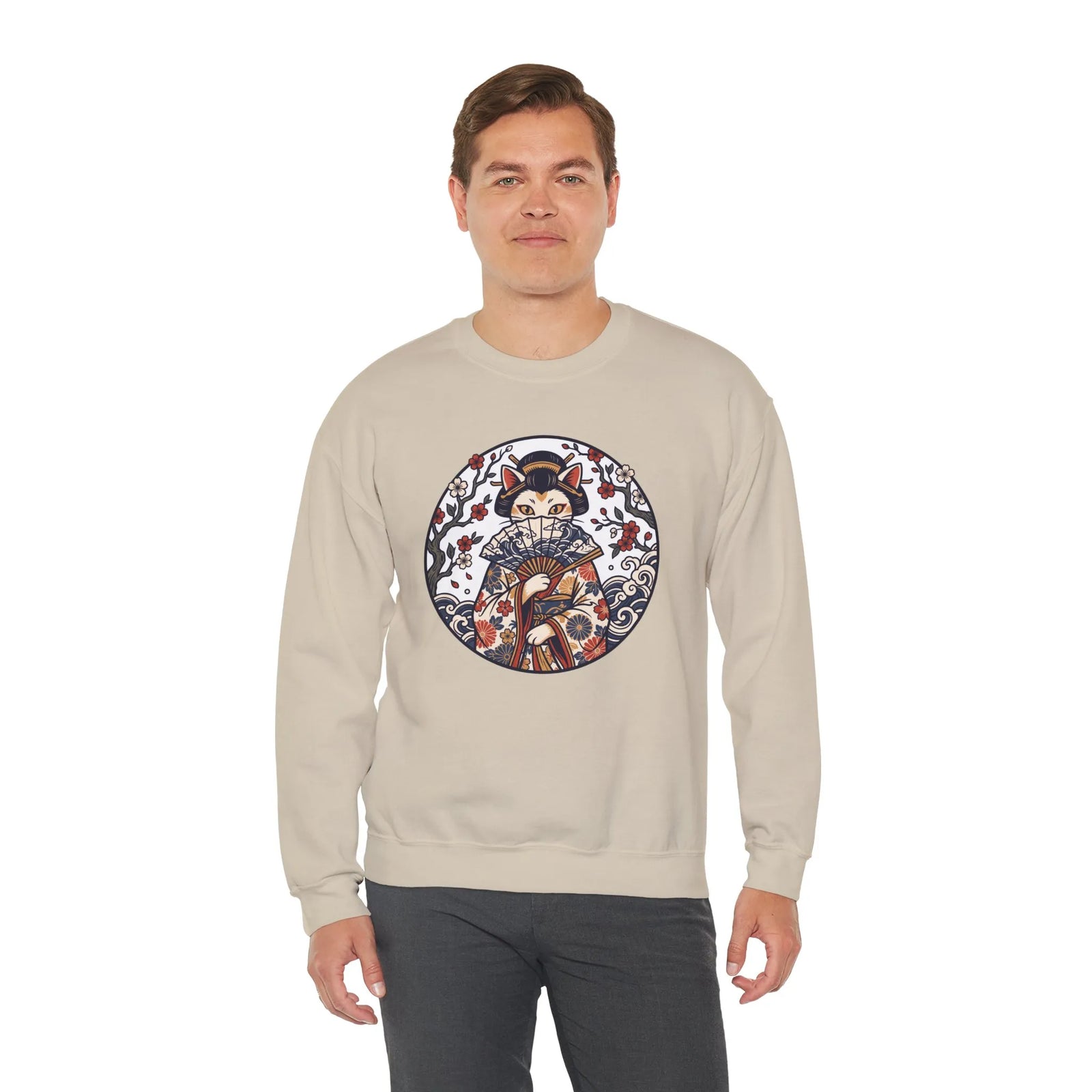 Ukiyo-e Samurai Cats Fan Dancer Sweatshirt - Heavy Blend Fleece Crewneck - Unisex White