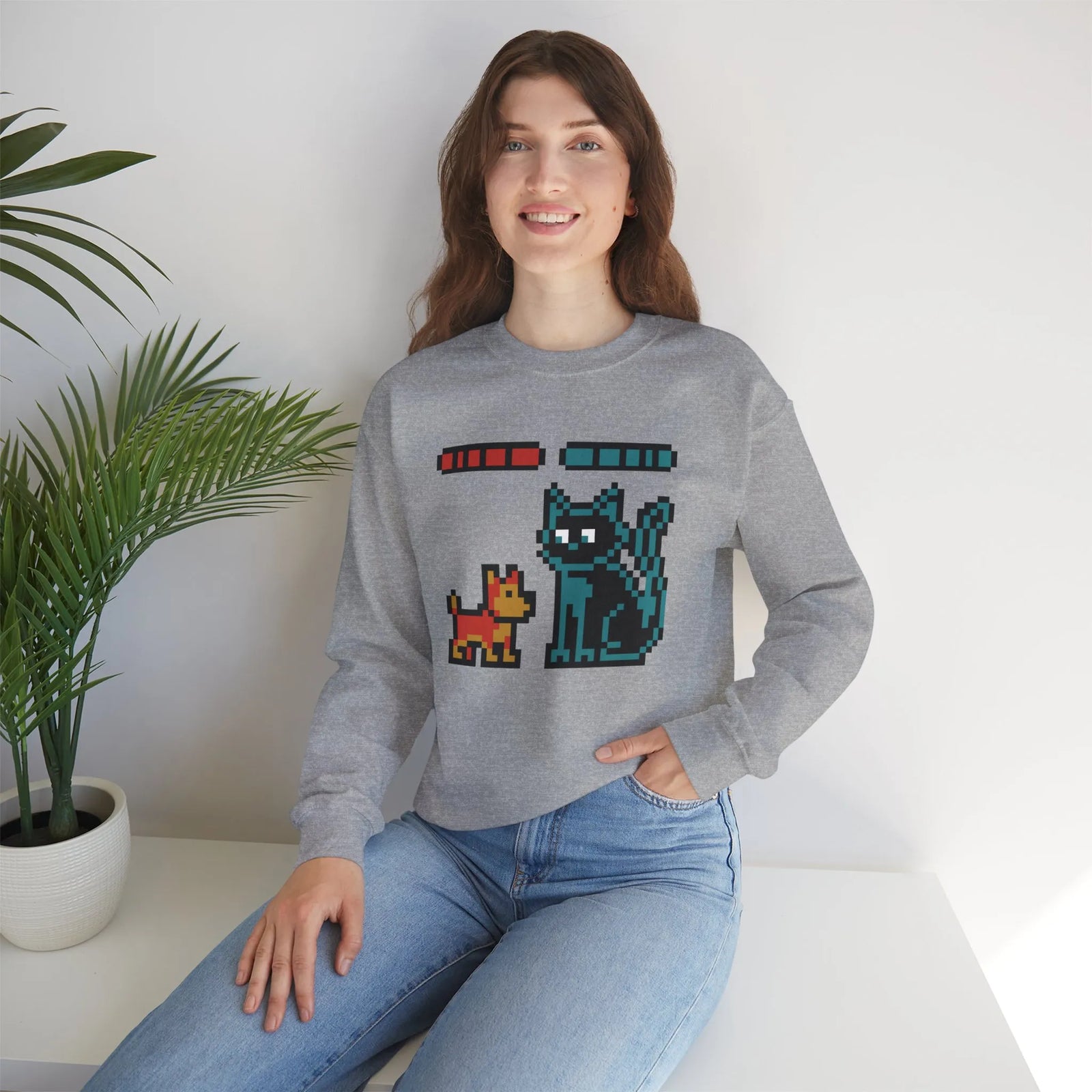 Pixel Gaming Dogs Boss Fight Sweatshirt - Heavy Blend Fleece Crewneck - Unisex White