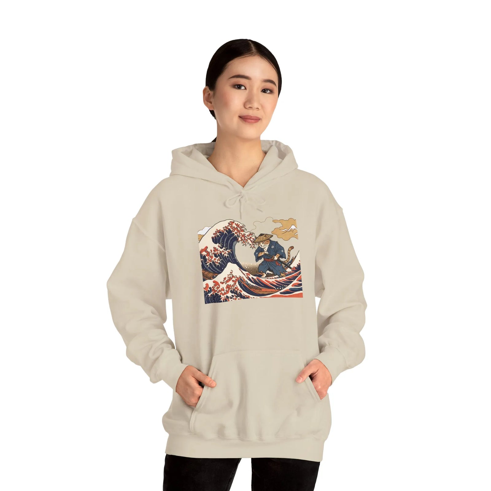 Ronin Wave Samurai Cat Ukiyo-e Hoodie - Heavy Blend Fleece Pullover - Unisex White