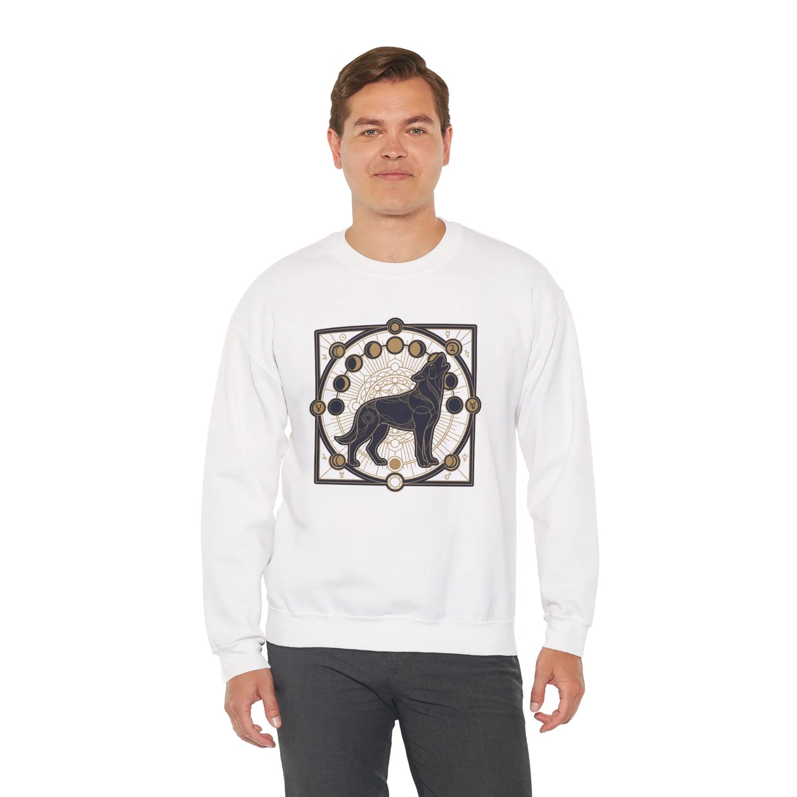 Sacred Geometry Spirit Dog Sweatshirt - Heavyweight Cotton Blend Crewneck - Unisex White