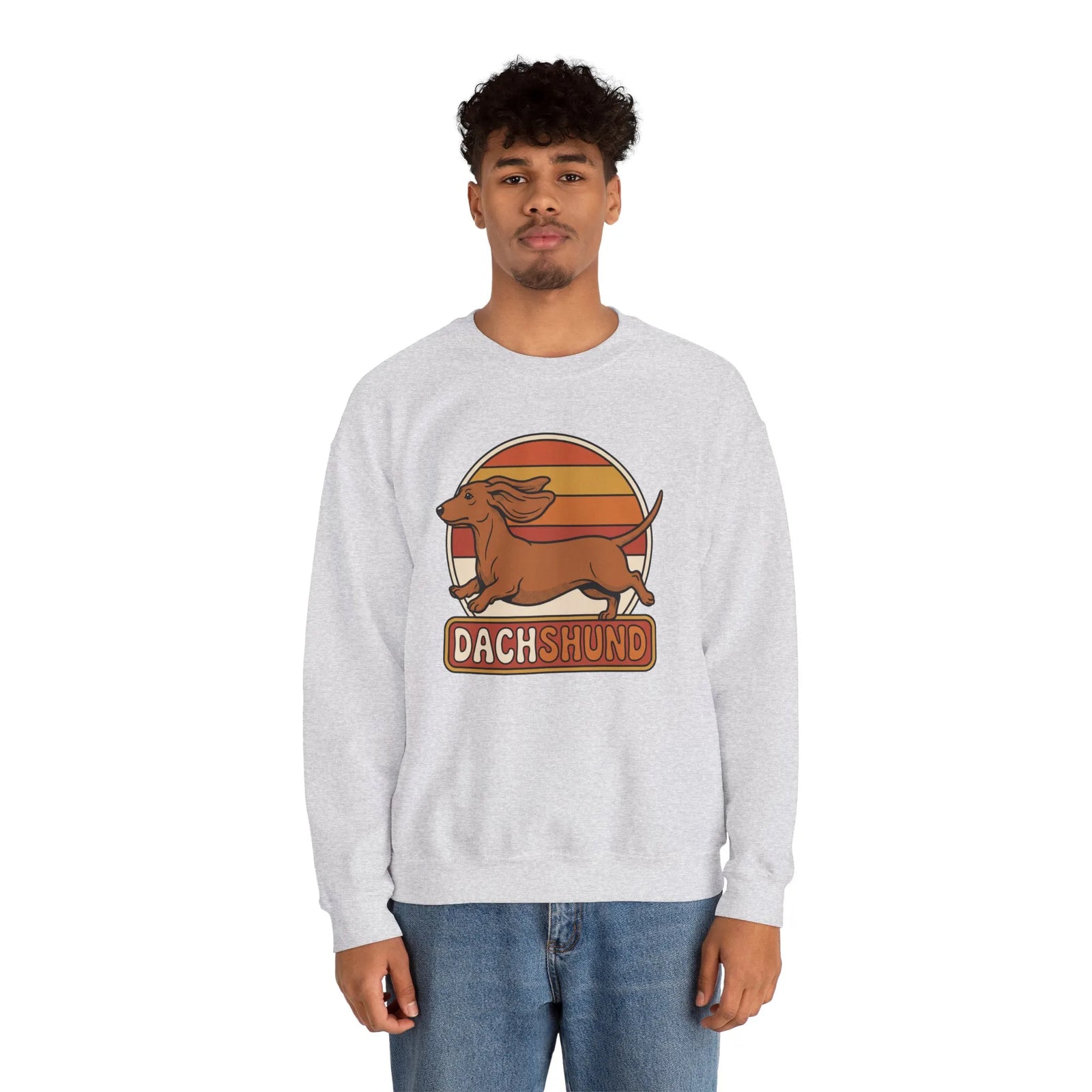 Retro 70s Sunset Dachshund Sweatshirt - Heavy Blend Cotton Blend Crewneck - Unisex White