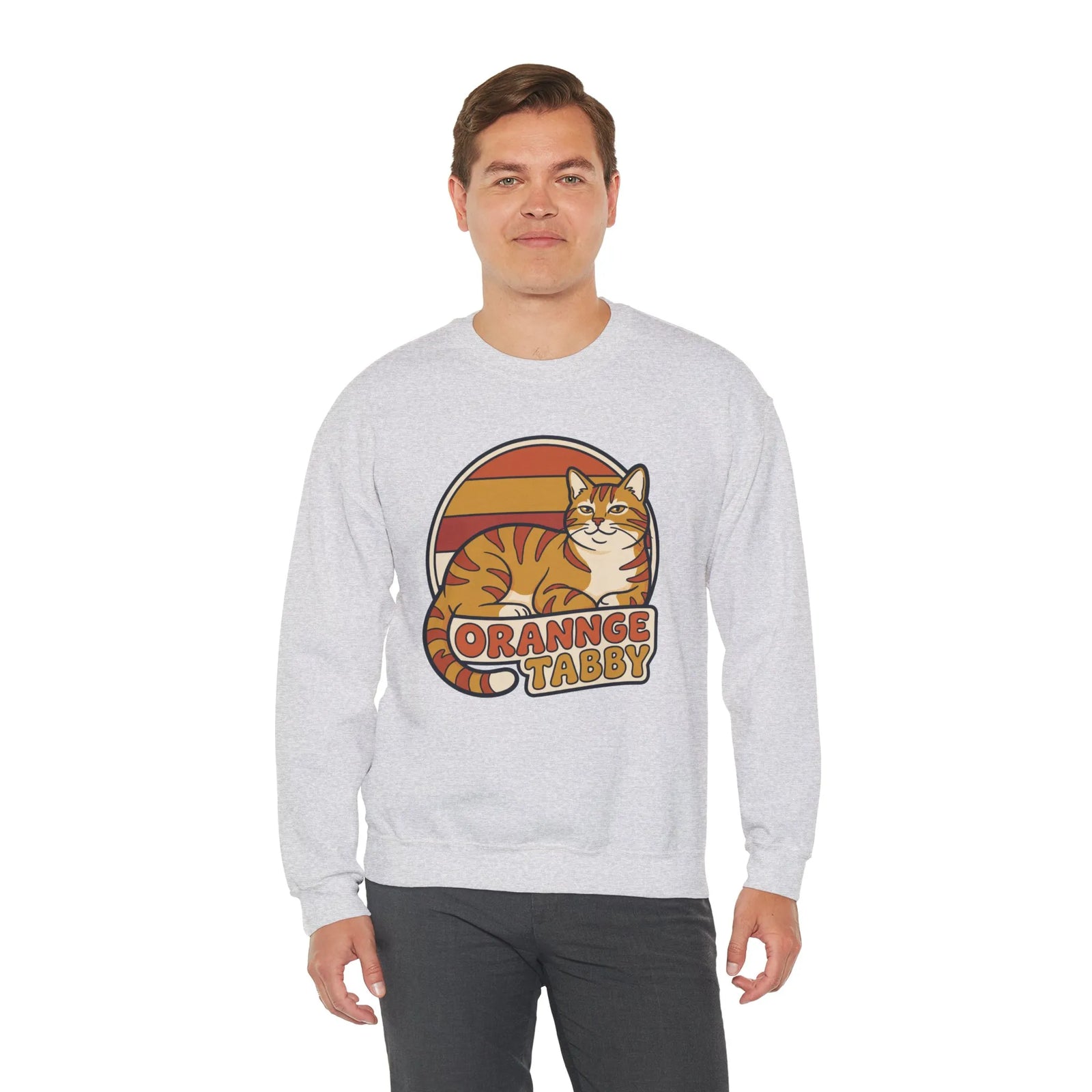 Orange Tabby Retro Sunset Graphic Sweatshirt - Heavy Blend Crewneck Fleece - Unisex White