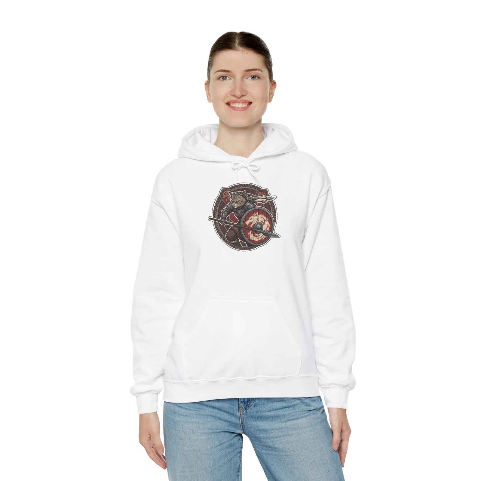 Viking Berserker Cat Shieldmaiden Hoodie - Heavy Blend Fleece Pullover - Unisex White