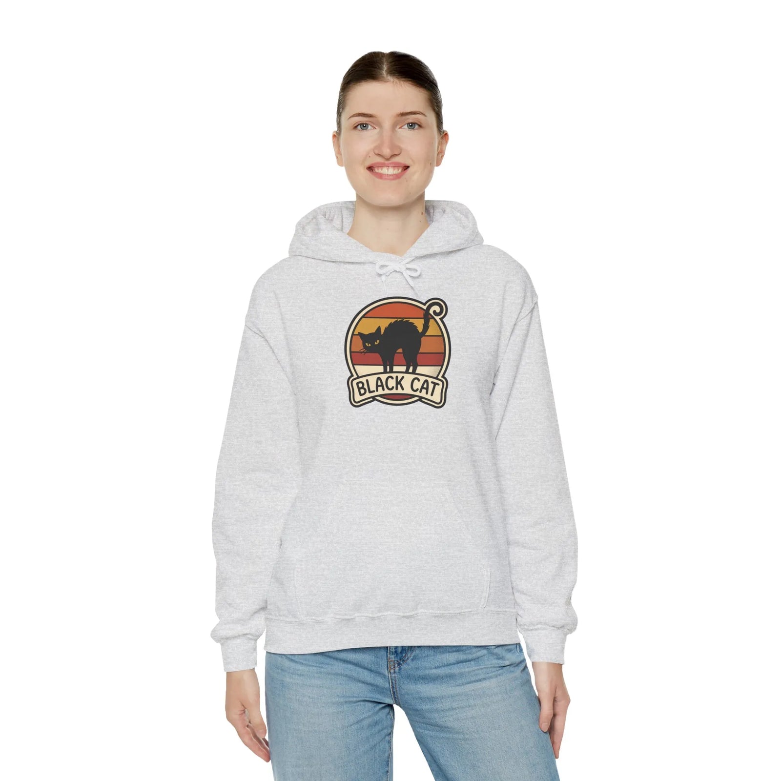 Black Cat Retro Sunset Hoodie - Heavy Blend Cotton-Poly Fleece - Unisex White