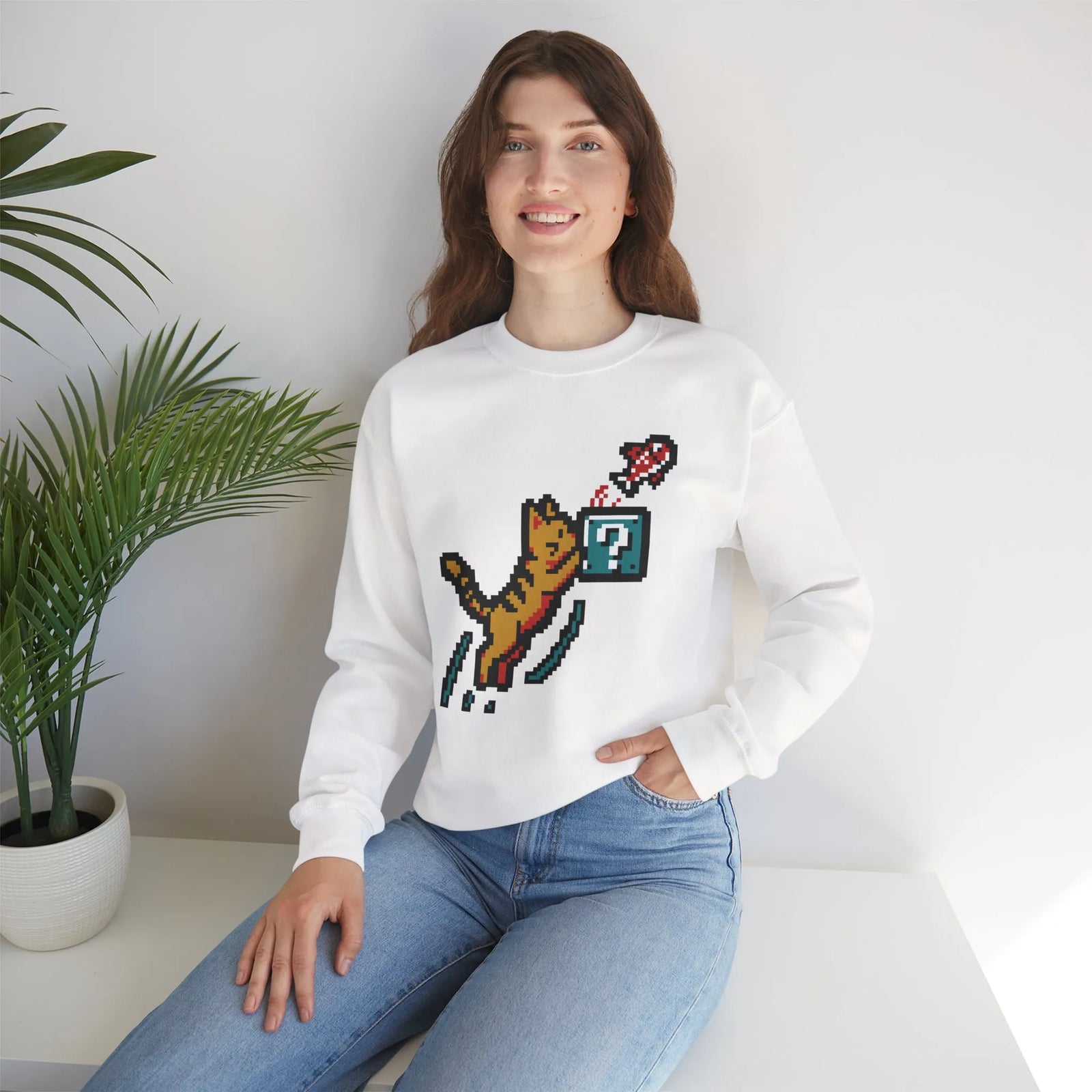 8-Bit Pixel Gaming Cats Sweatshirt - Heavy Blend Fleece Crewneck - Unisex White