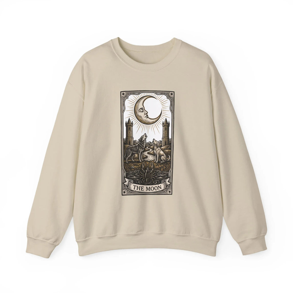 Moon Tarot Card Wolves Graphic Sweatshirt - Heavy Blend Fleece Crewneck - Unisex White