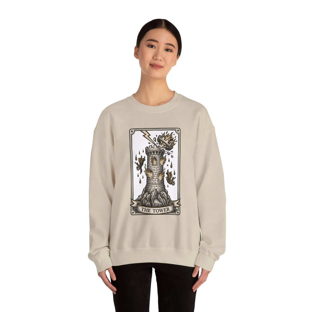The Tower Tarot Card Sweatshirt - Heavy Blend Fleece Crewneck - Unisex White