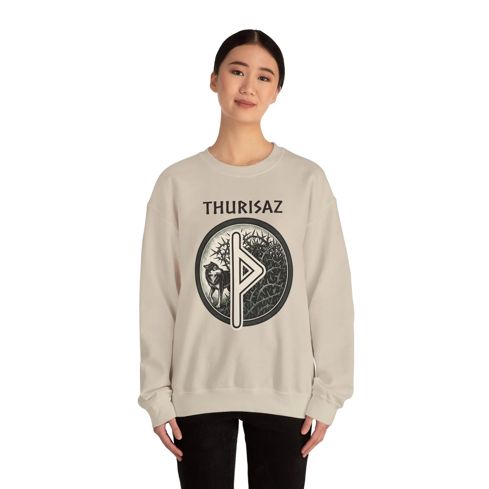 Norse Thurisaz Rune Wolf Sweatshirt - Heavy Blend Fleece Crewneck - Unisex Off White