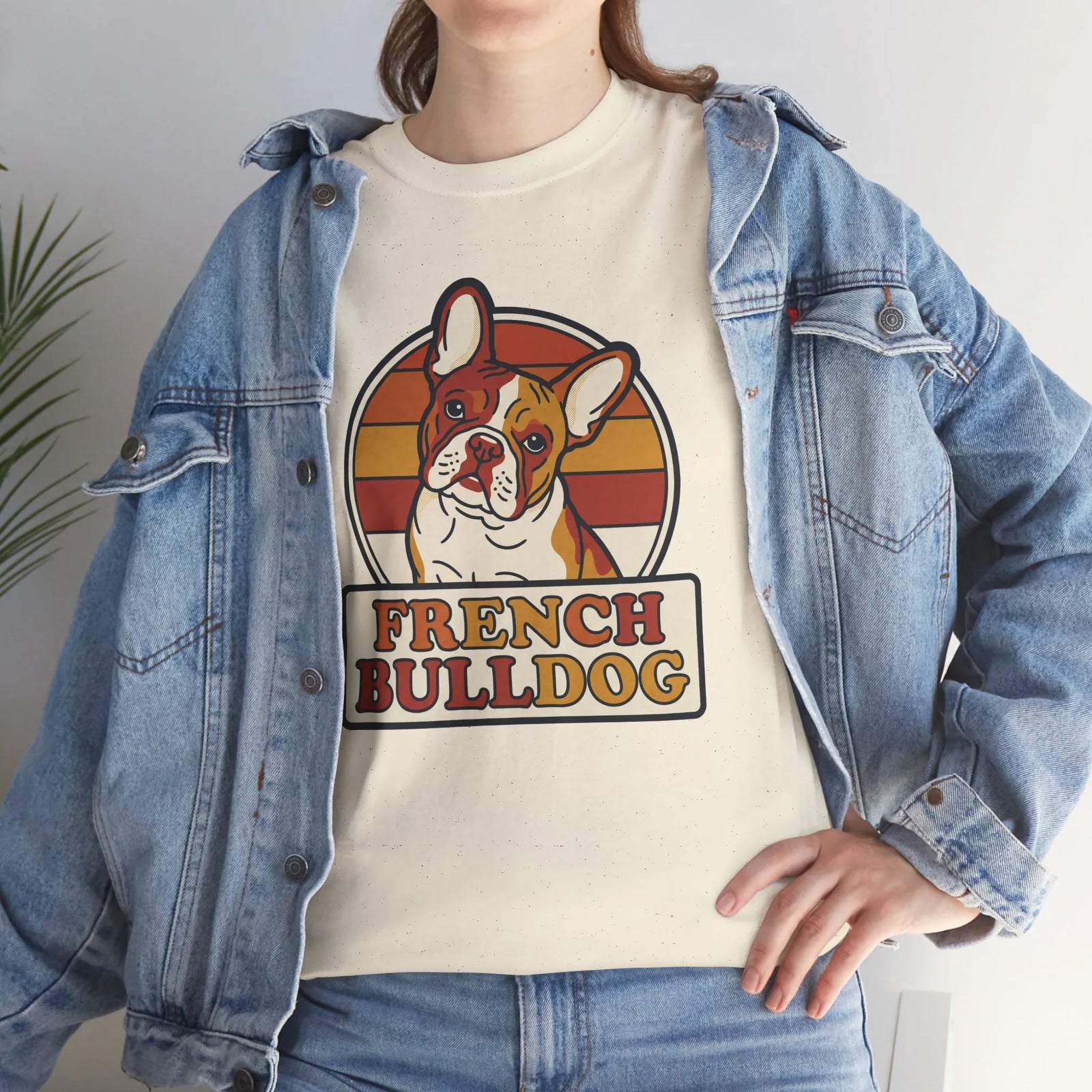 French Bulldog Retro 70s Sunset T-Shirt - Heavy Cotton Classic Fit Tee - Unisex White