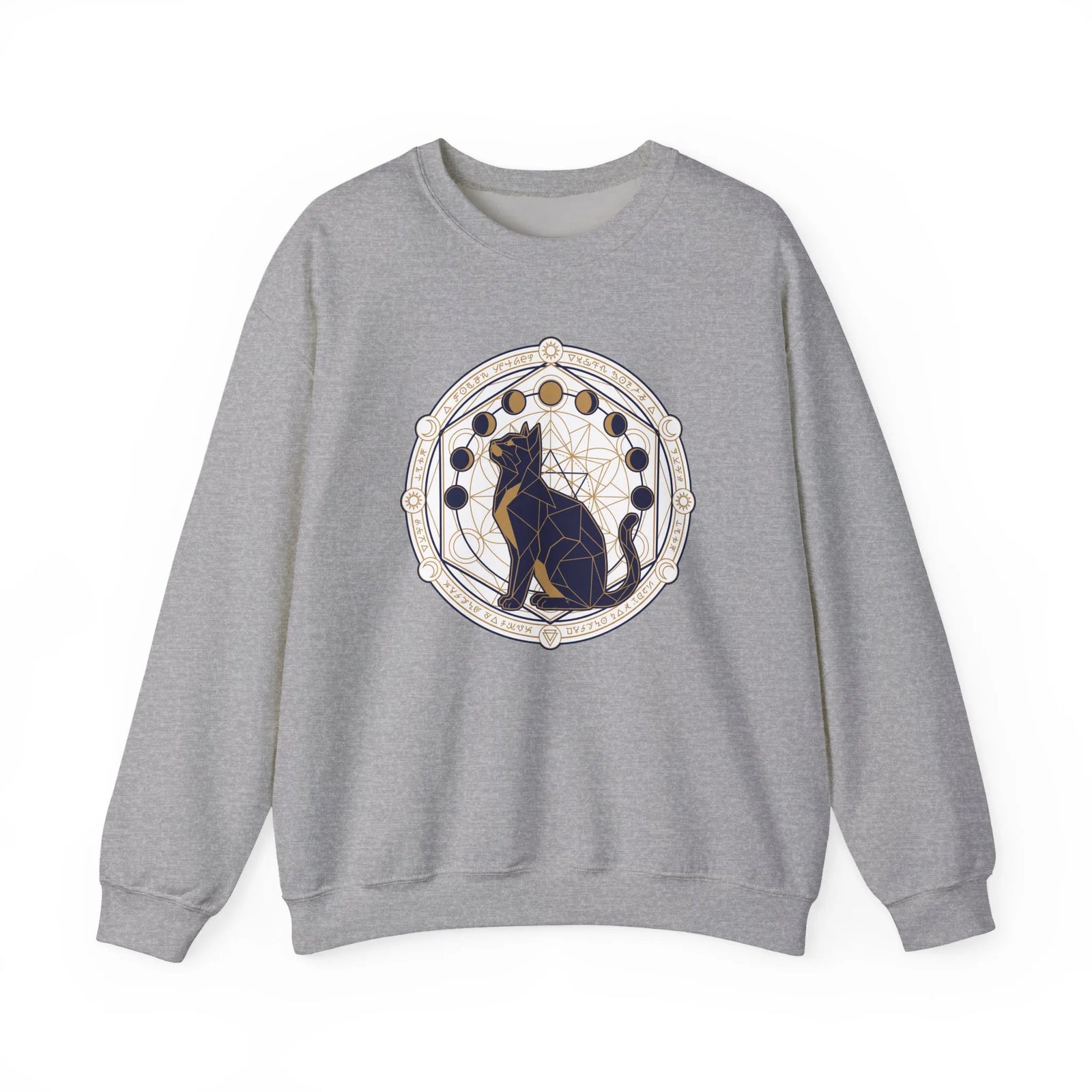 Moon Phases Sacred Geometry Cat Sweatshirt - Heavy Blend Cotton Polyester Crewneck - Unisex White