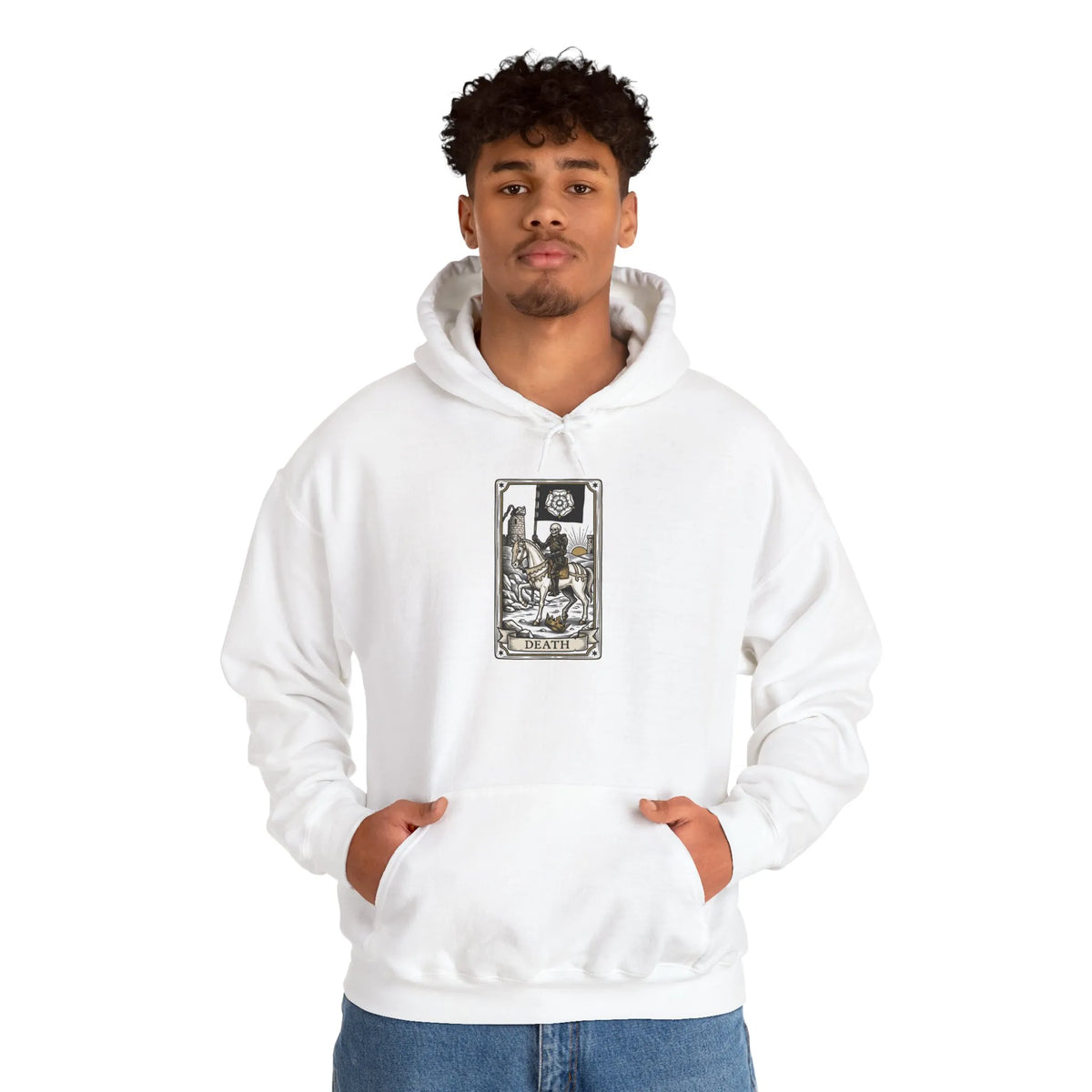 Death Tarot Card Graphic Hoodie - Medium-Heavy Cotton-Poly Blend Pullover - Unisex White