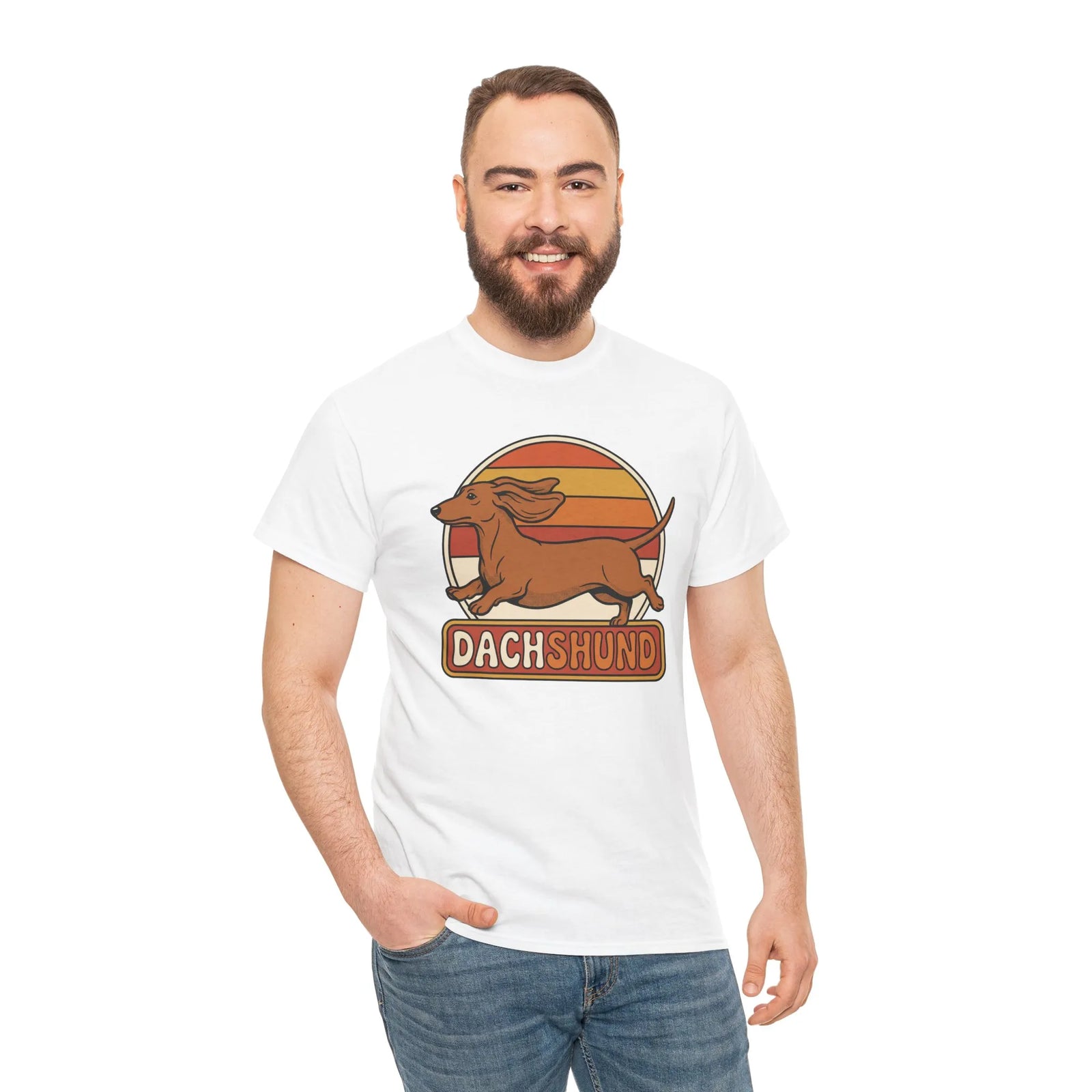 Dachshund Retro 70s Sunset Graphic T-Shirt - Heavy Cotton Classic Fit Tee - Unisex White