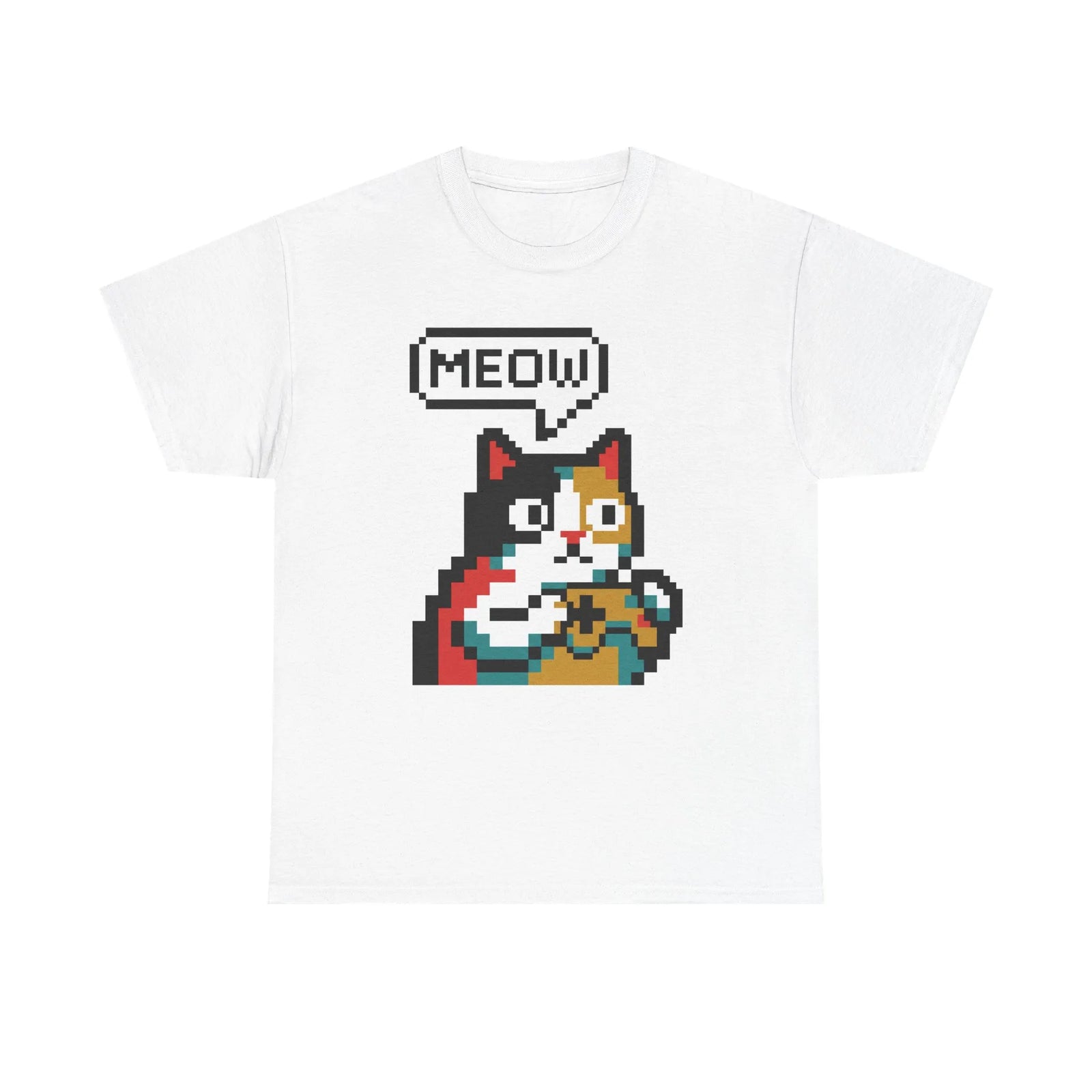 Player One 8-Bit Pixel Gaming Cats T-Shirt - Heavyweight 100% Cotton Tee - Unisex White