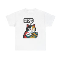 Player One 8-Bit Pixel Gaming Cats T-Shirt - Heavyweight 100% Cotton Tee - Unisex White