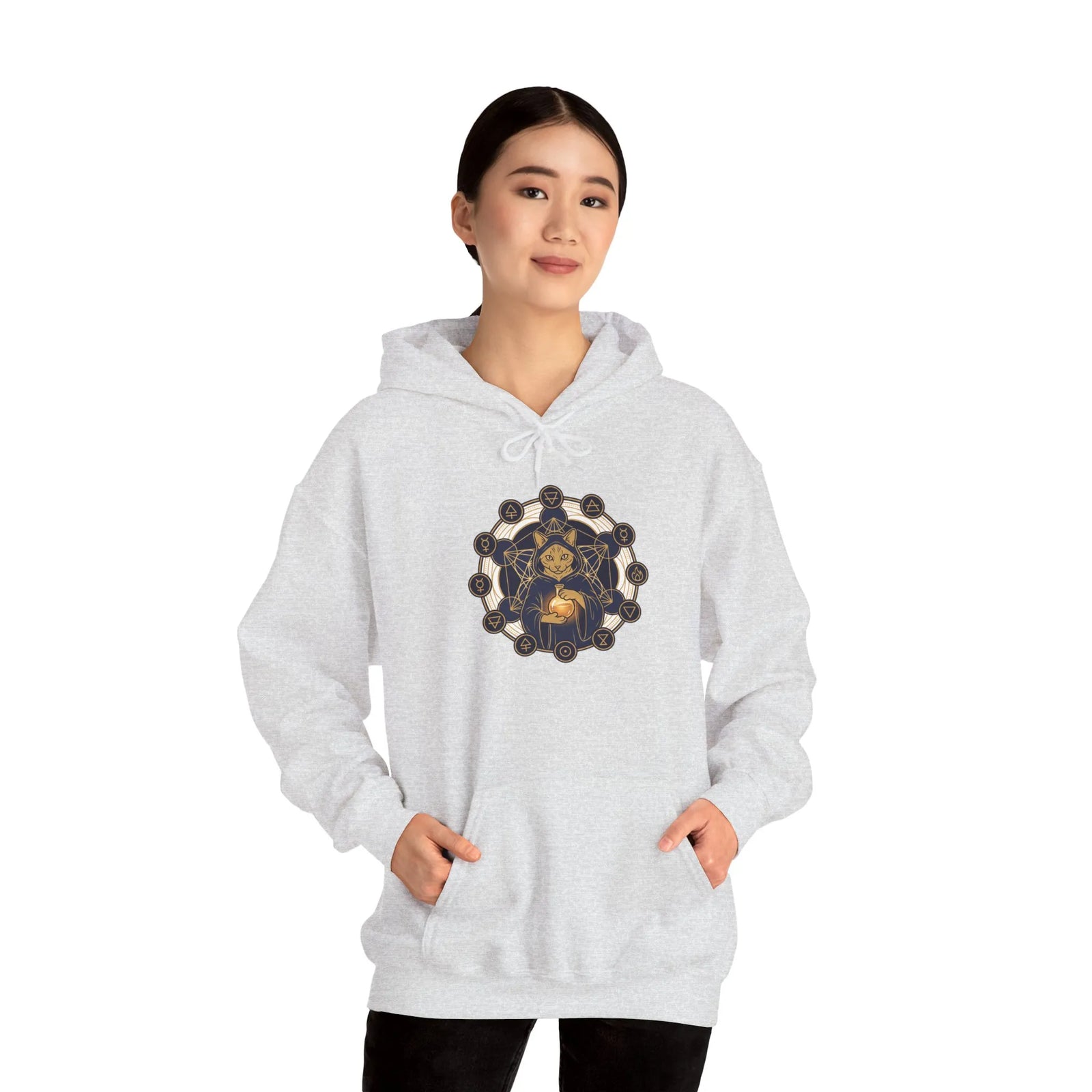 Alchemist Cat Sacred Geometry Hoodie - Soft Heavy Blend Pullover - Unisex White