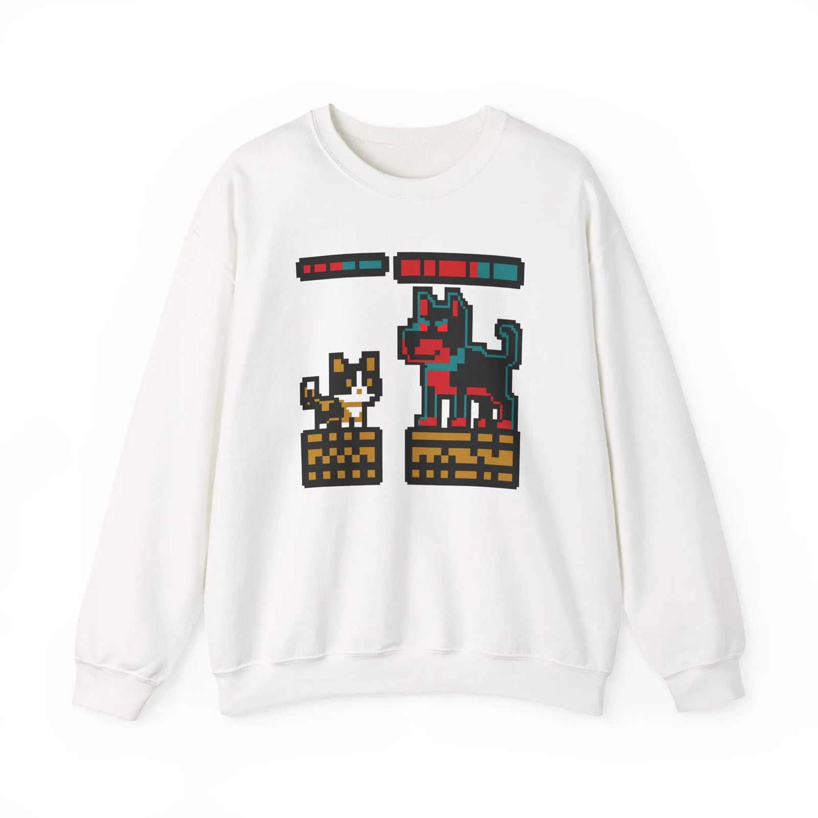 8-Bit Pixel Gaming Cats Boss Fight Sweatshirt - Heavyweight Cotton Blend Crewneck - Unisex Ash