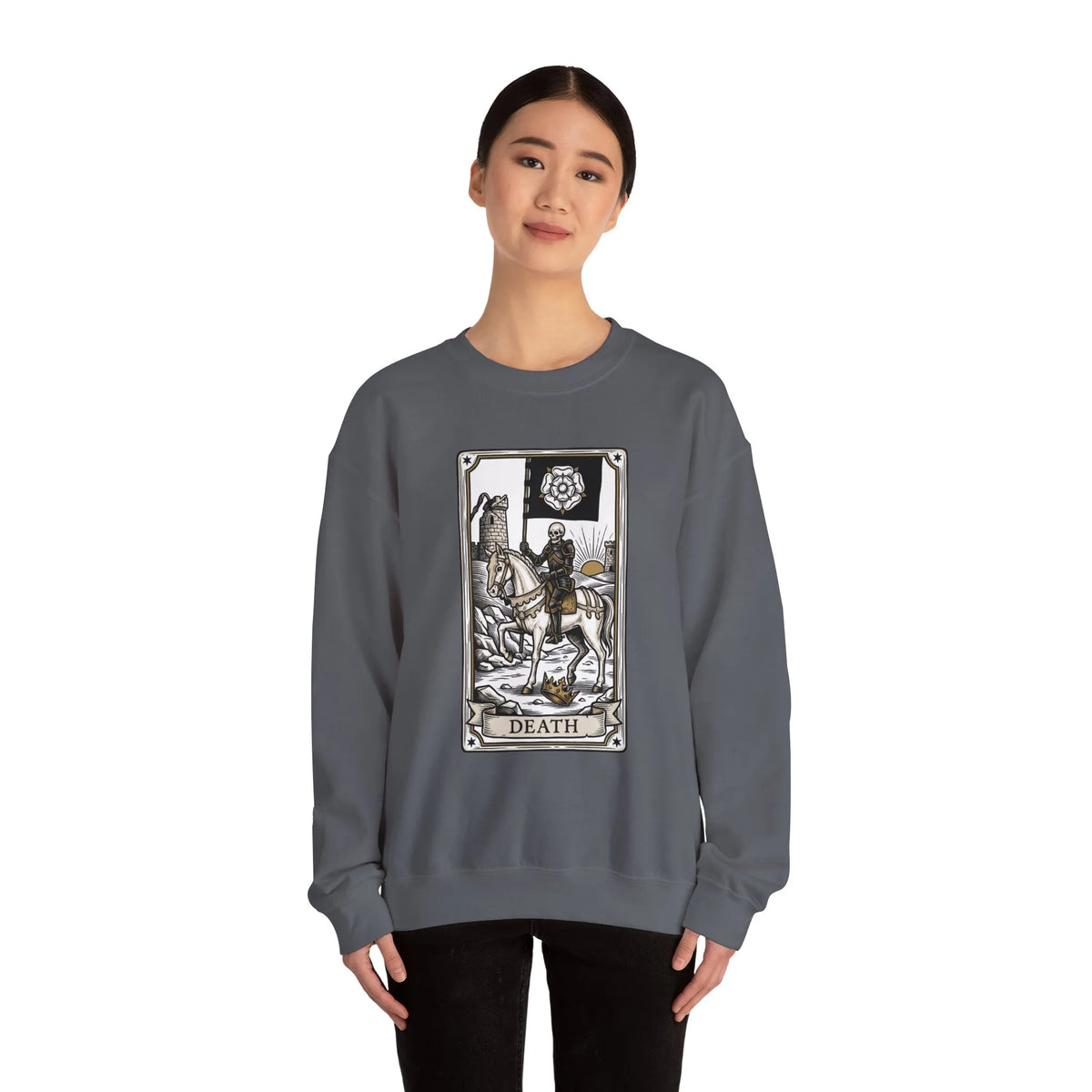 Tarot Death Card Graphic Sweatshirt - Heavy Blend Classic Fit Crewneck - Unisex White