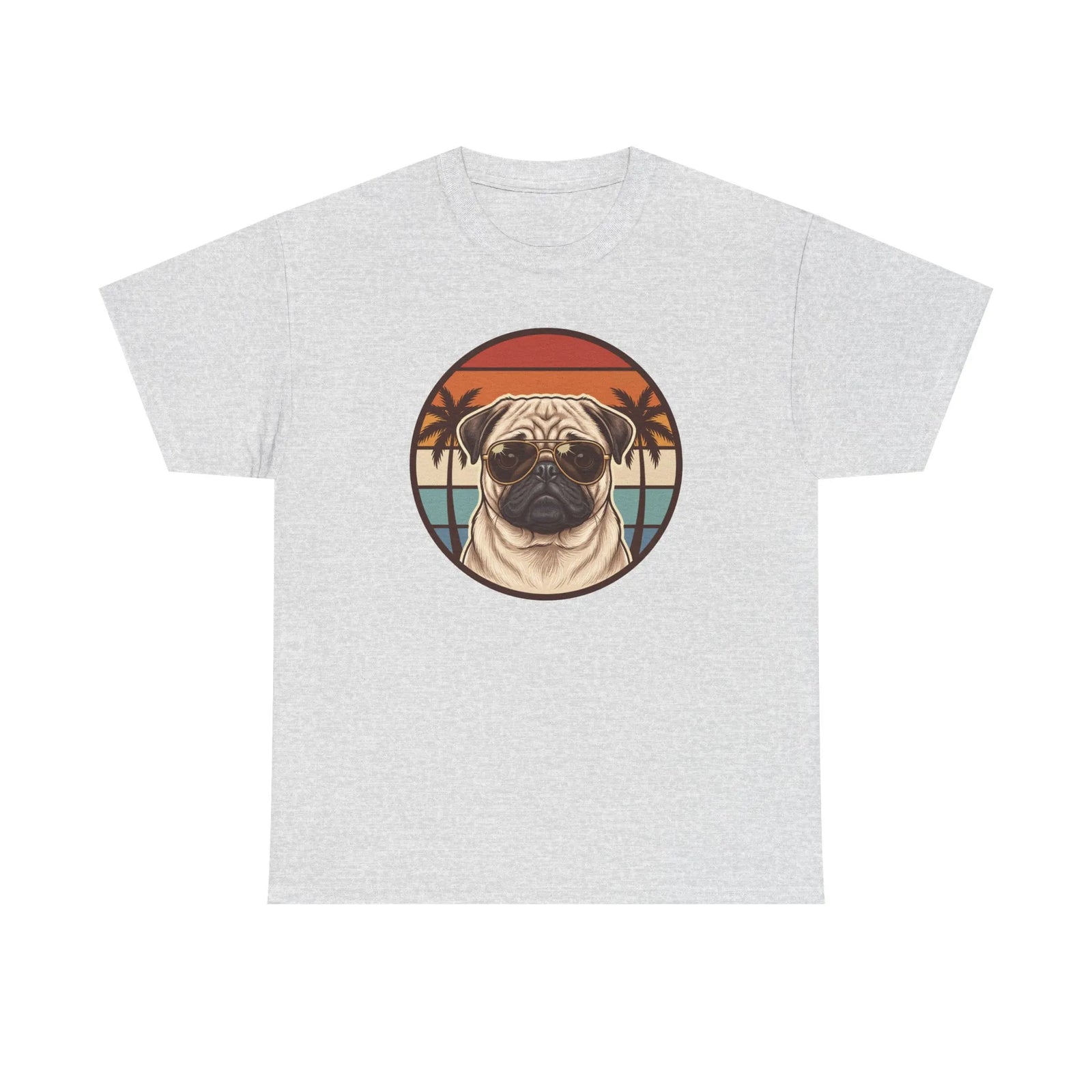 Pug Aviator 70s Sunset Graphic T-Shirt - Heavyweight Cotton Classic Fit Tee - Unisex White