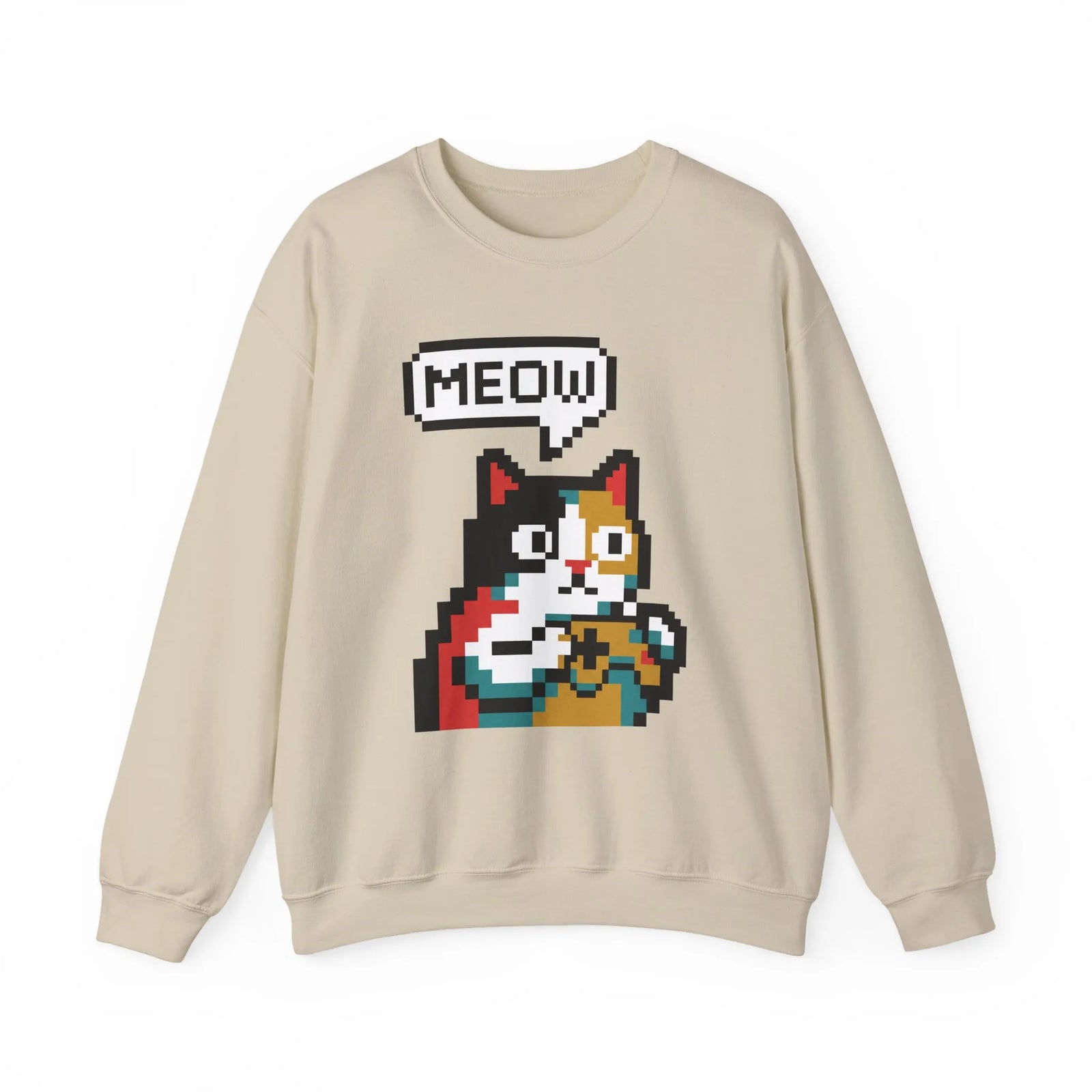 8-Bit Pixel Gaming Cat Sweatshirt - Heavy Blend Crewneck Classic Fit - Unisex White