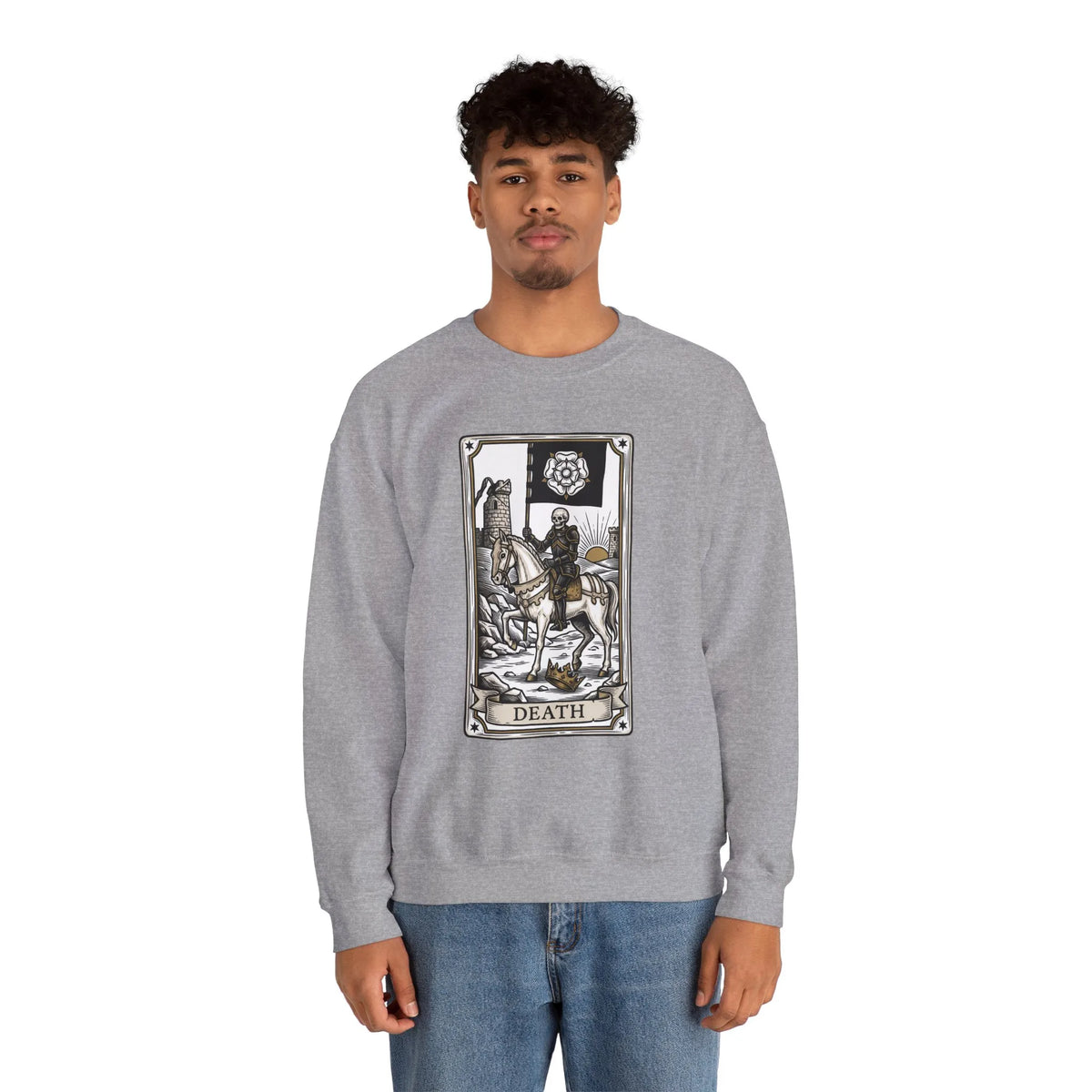 Tarot Death Card Graphic Sweatshirt - Heavy Blend Classic Fit Crewneck - Unisex White