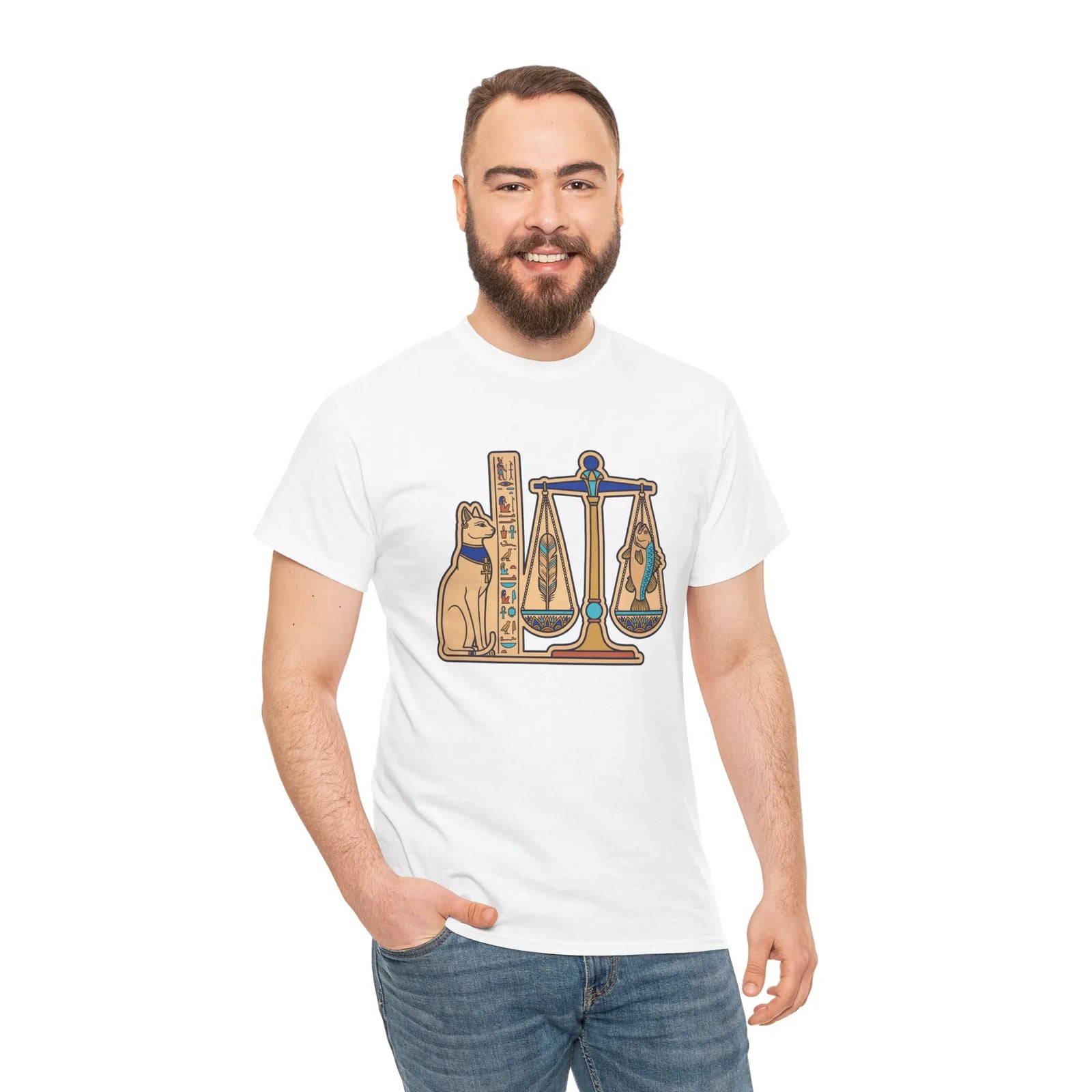 Egyptian Scales Pharaoh Cat Graphic T-Shirt - Heavy Cotton Classic Fit Tee - Unisex White
