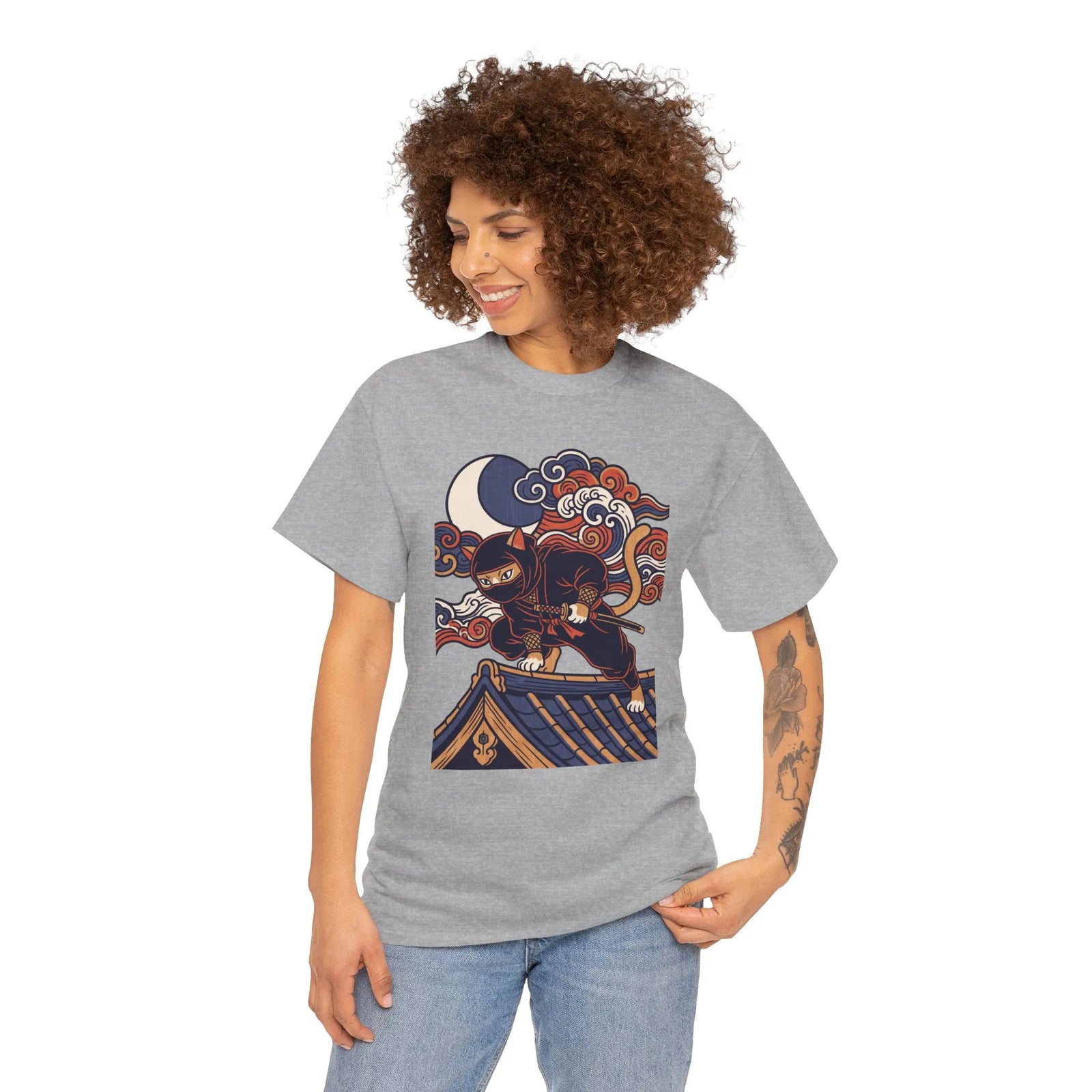Ukiyo-e Samurai Cat Ninja T-Shirt - 100% Cotton Classic Fit Tee - Unisex White