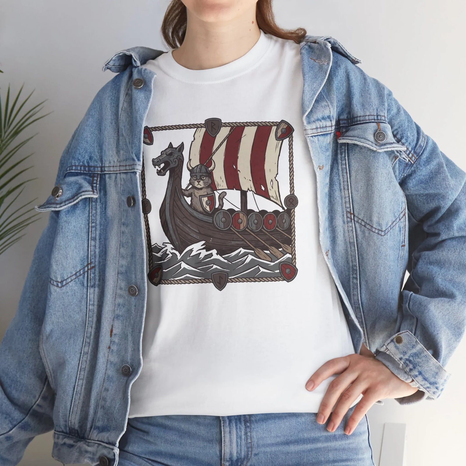 Viking Berserker Cat Longship T-Shirt - Heavyweight Cotton Classic Crewneck - Unisex White