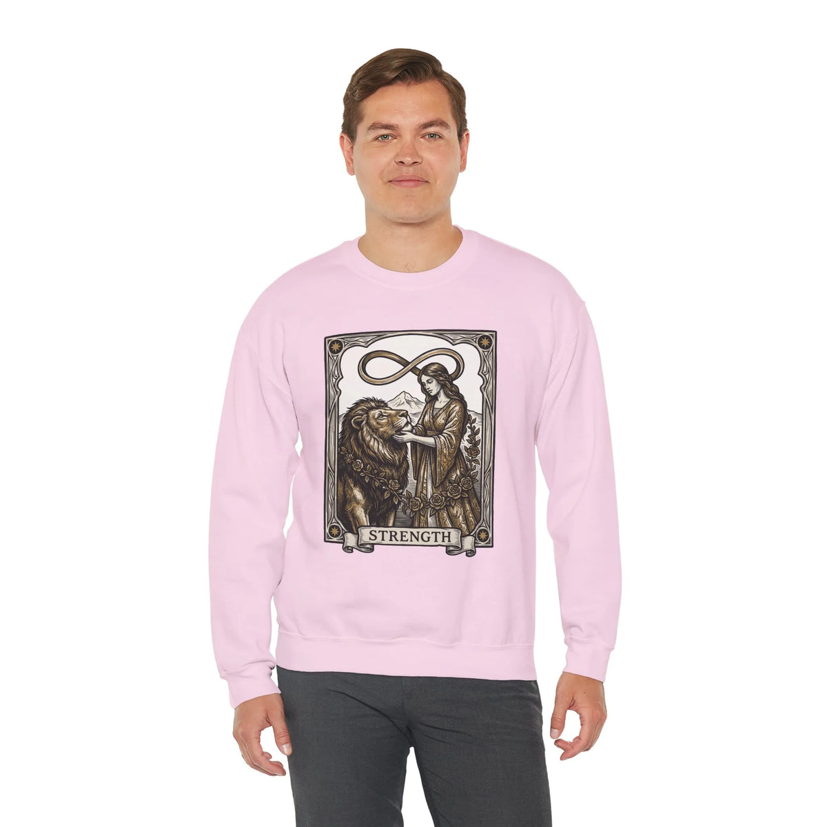 Strength Tarot Card Sweatshirt - Heavy Blend Crewneck Fleece - Unisex White